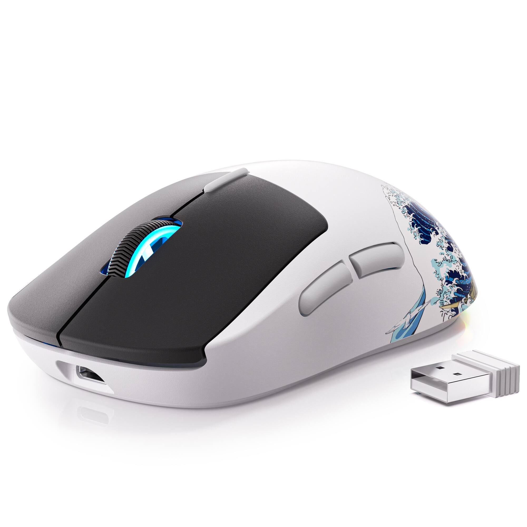 Angle. Womier - G57 Wireless Gaming Mouse, 8000 DPI, 2.4G/Bluetooth/USB-C Rechargeable Mice for PC/Mac - White-black.