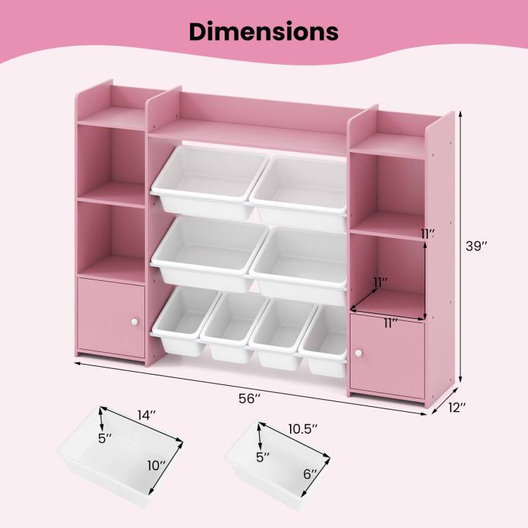 Dimensions:  
- Height: 39"  
- Width: 56"  
- Depth: 12"  
- Shelf Height: 11"  
- Drawer Height: 11"  
- Tray Dimensions: 14" x 10" x 5"  
- Tray Dimensions: 10.5" x 6" x 5"