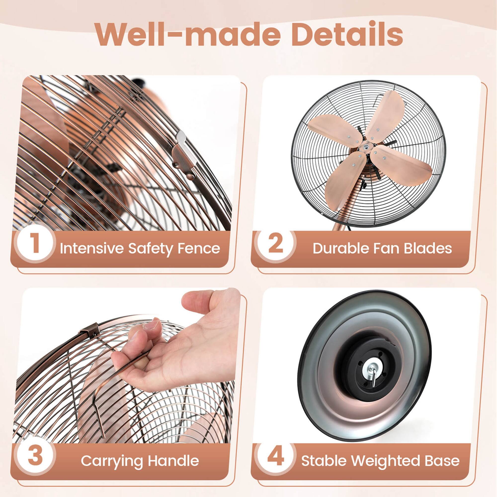 Well-made Details:
1. Intensive Safety Fence
2. Durable Fan Blades
3. Carrying Handle
4. Stable Weighted Base