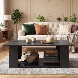 WELLFOR - 41" 2-tier Wooden Modern Coffee Table with Storage Shelf, Rectangle Accent Center Table for Living Room - Black