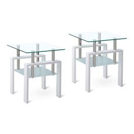 Loheer - 2 Pieces Tempered Glass End Table Small Table with Storage Living Room Side Table - White
