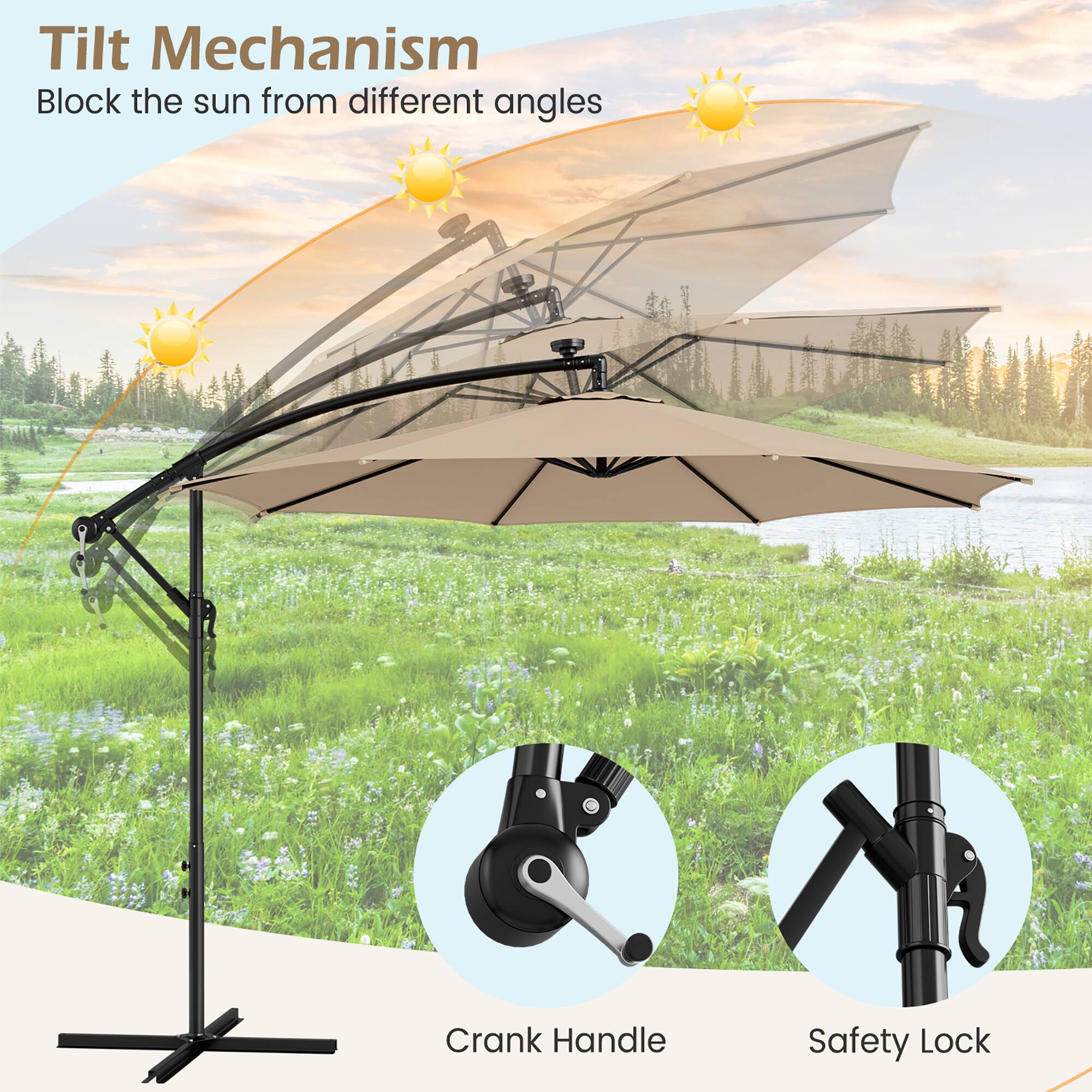 Tilt Mechanism: Block the sun from different angles. Crank Handle: Safety Lock.