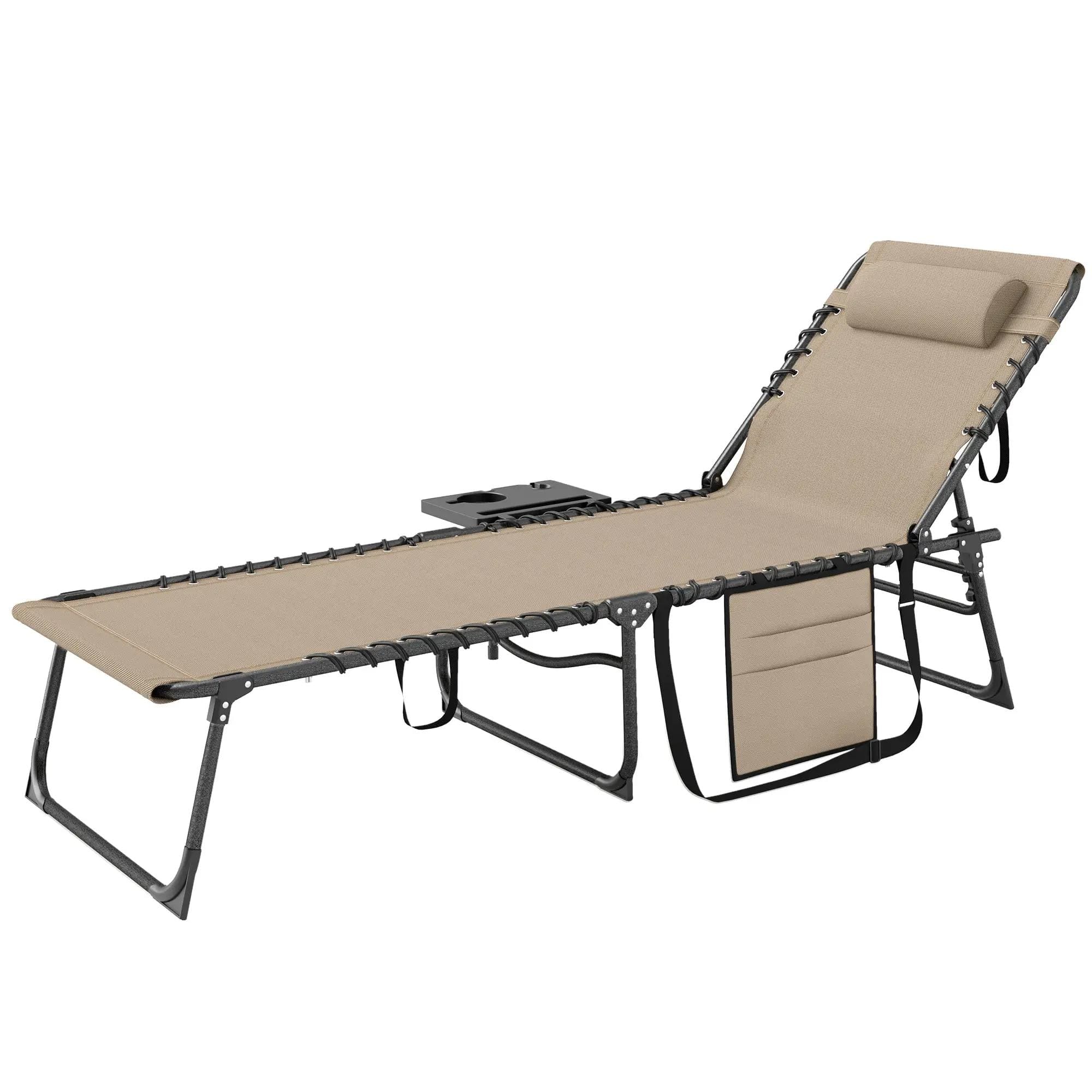 Resenkos - Folding Outdoor Chaise Lounge Chair Tanning Chair With 5-Level Adjustable Back, Pocket - Beige