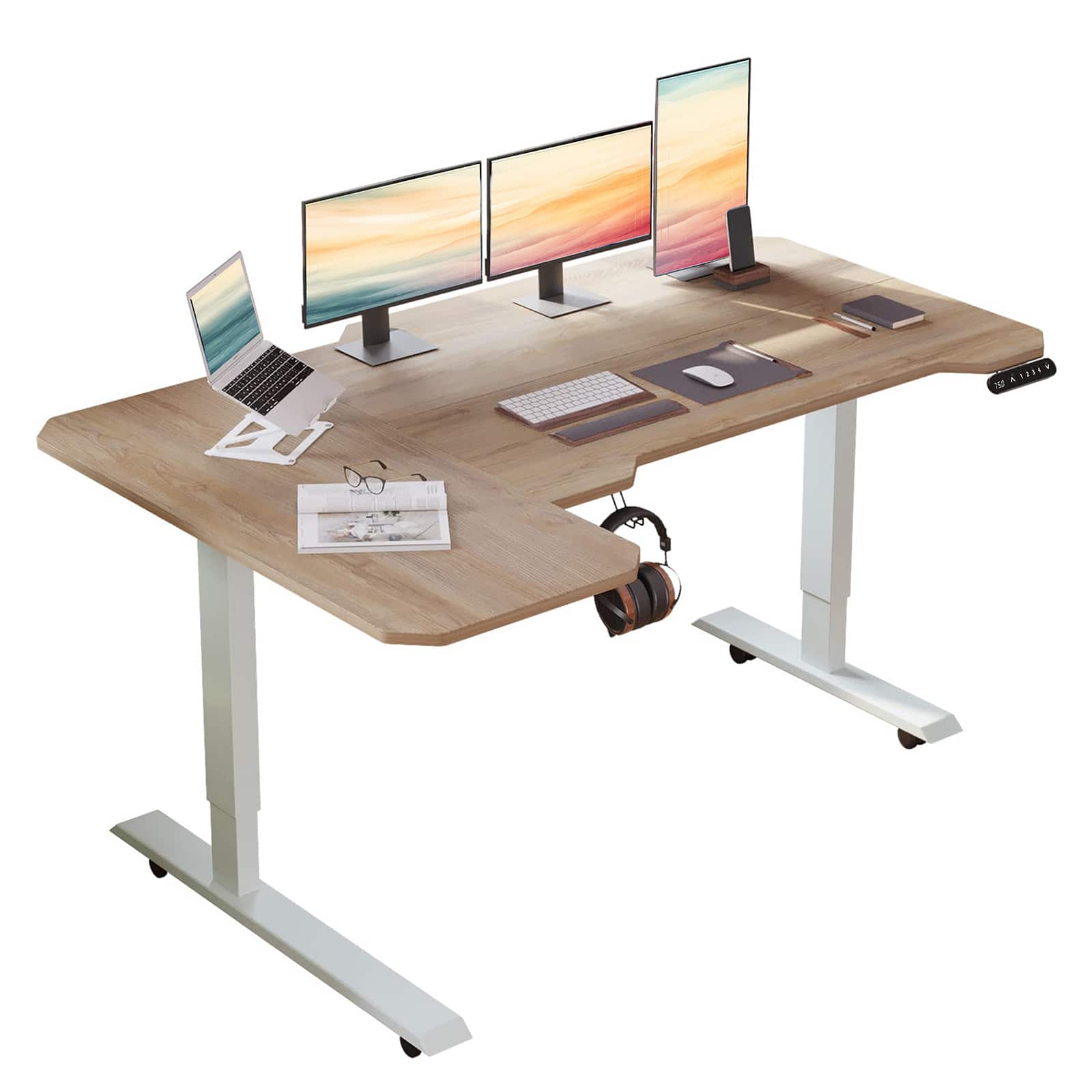 Chateau Abodes - 59" Electric L-Shaped Standing Desk with Adjustable Height, Universal Wheel, 4 Memory Buttons & Type-C - Oak