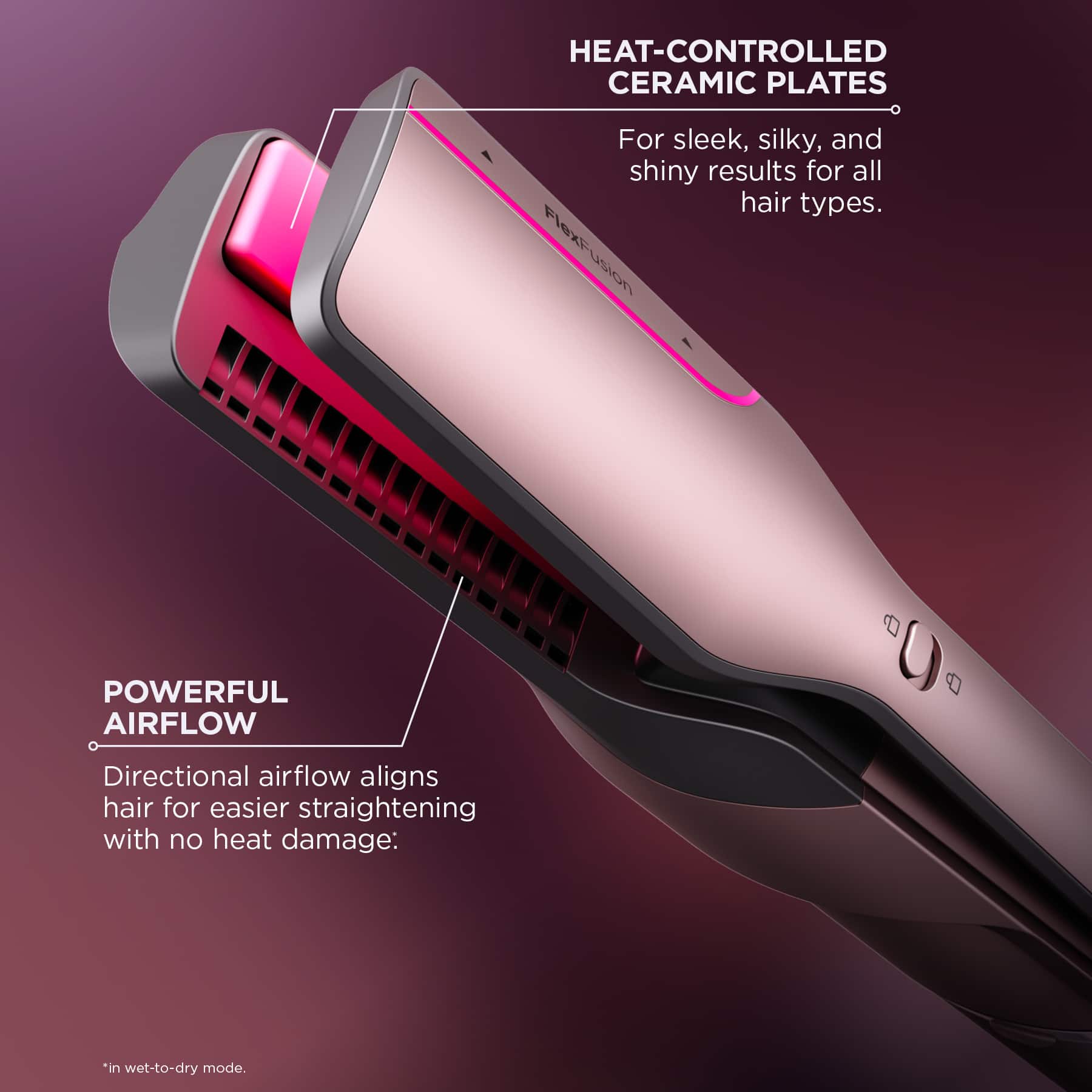 The text on the image is grouped and corrected as follows:
"HEAT-CONTROLLED CERAMIC PLATES: For sleek, silky, and shiny results for all hair types. FlexFusion technology provides powerful airflow directional airflow aligns hair for easier straightening with no heat damage in wet-to-dry mode."