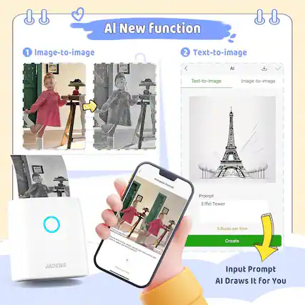 AI New function
1. Image-to-image
2. Text-to-image
AI Draws It for You
Prompt: Eiffel Tower
5 Bucks per time
Create