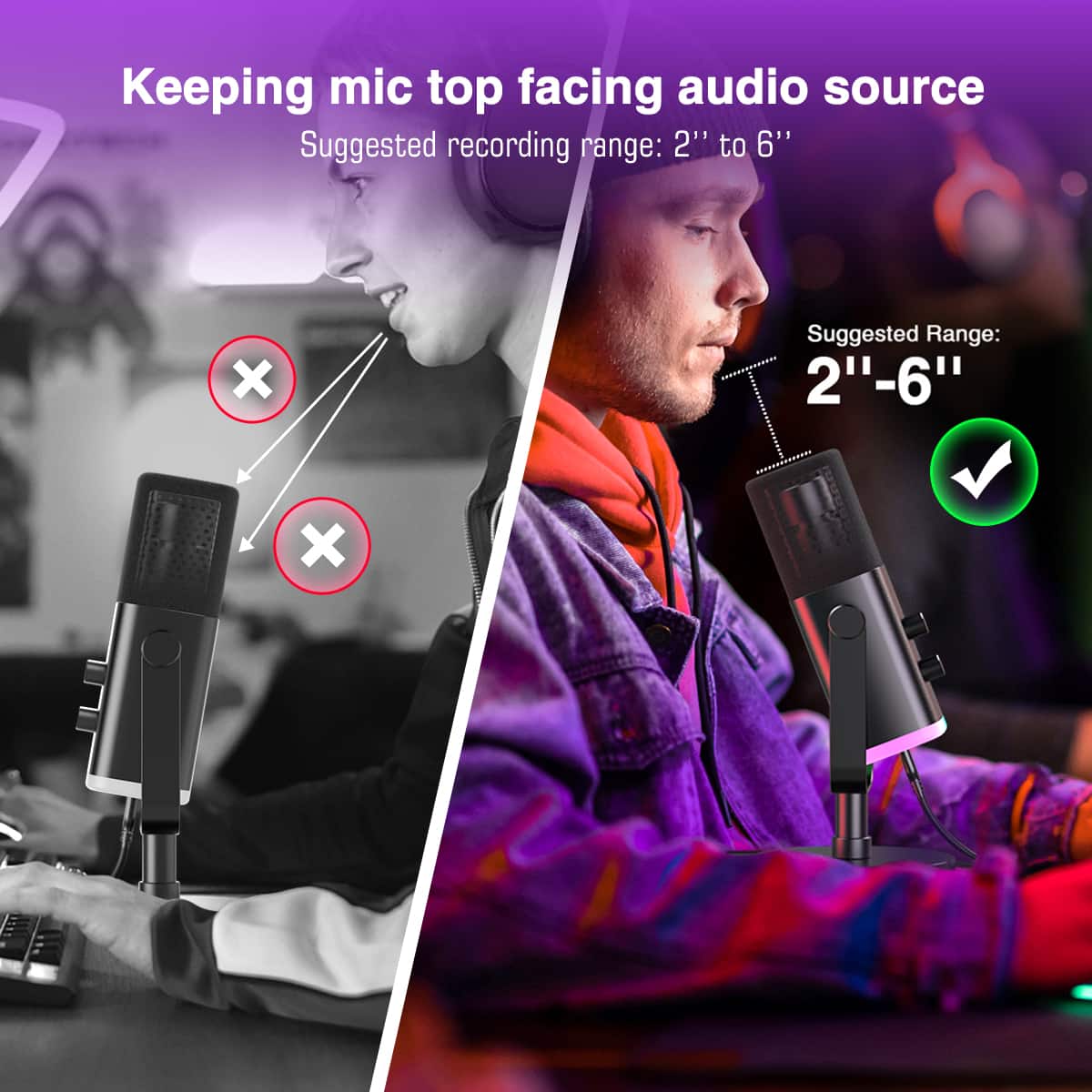 Keeping mic top facing audio source Suggested recording range: 2" to 6" X Suggested Range: 2" to 6" X