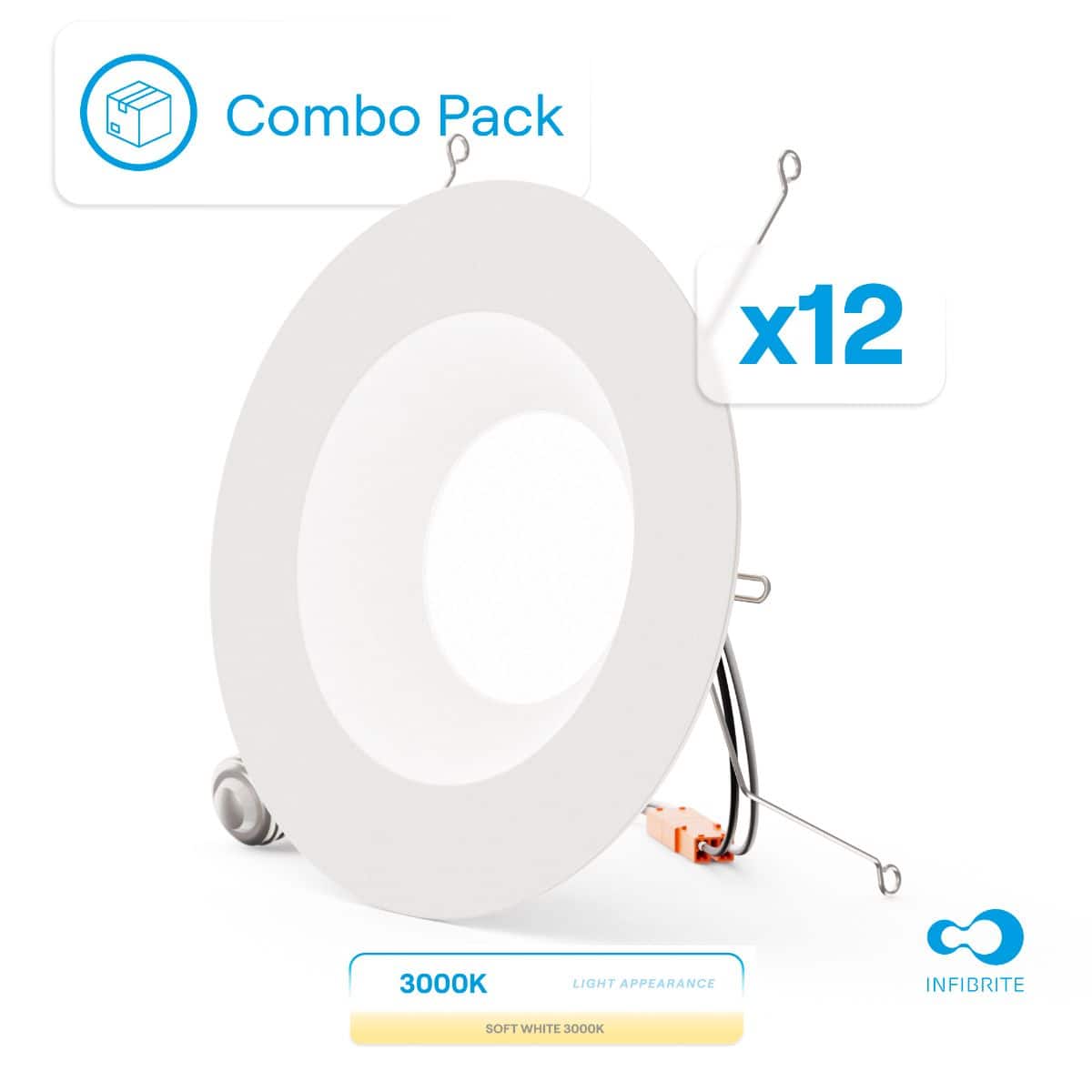 Infibrite - 6 In. Retrofit 3000K Warm Integrated LED Recessed Light Kit 12W 1100LM Remodel, Dimmable, Wet Rated (12 Pack) - White