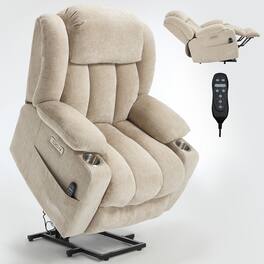 LUCKY ONE - Chenille Power Lift Recliner Chair with Massage and Heat, USB and Type C Ports, 2 Steel Cup Holders for Elderly - Beige
