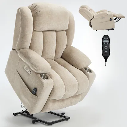 Front. LUCKY ONE - Chenille Power Lift Recliner Chair with Massage and Heat, USB and Type C Ports, 2 Steel Cup Holders for Elderly - Beige.