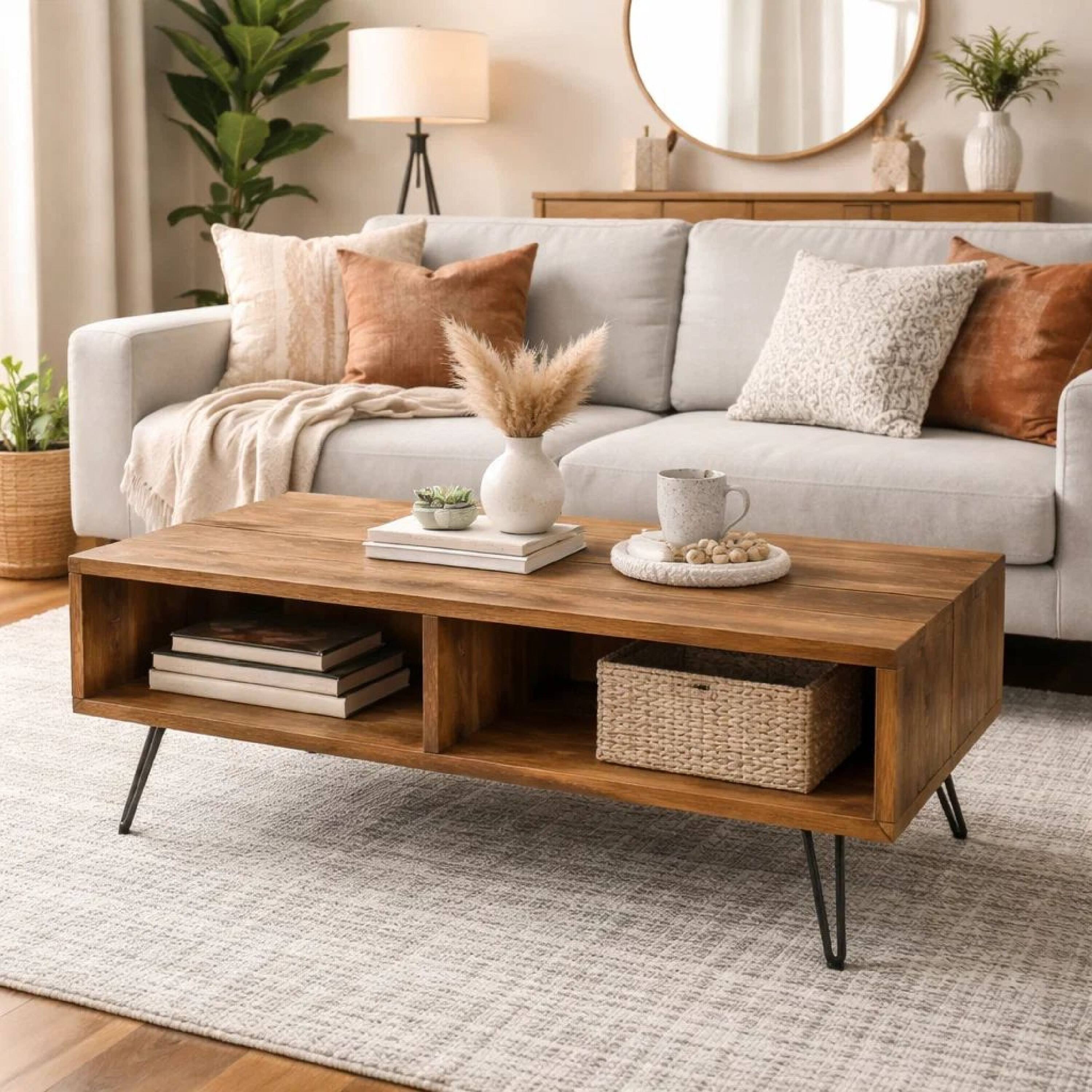 Alt View 3. Manhattan Lane - 42 Inch Modern Cocktail Coffee Table with Open Compartments, Wood Top - Brown, Black.