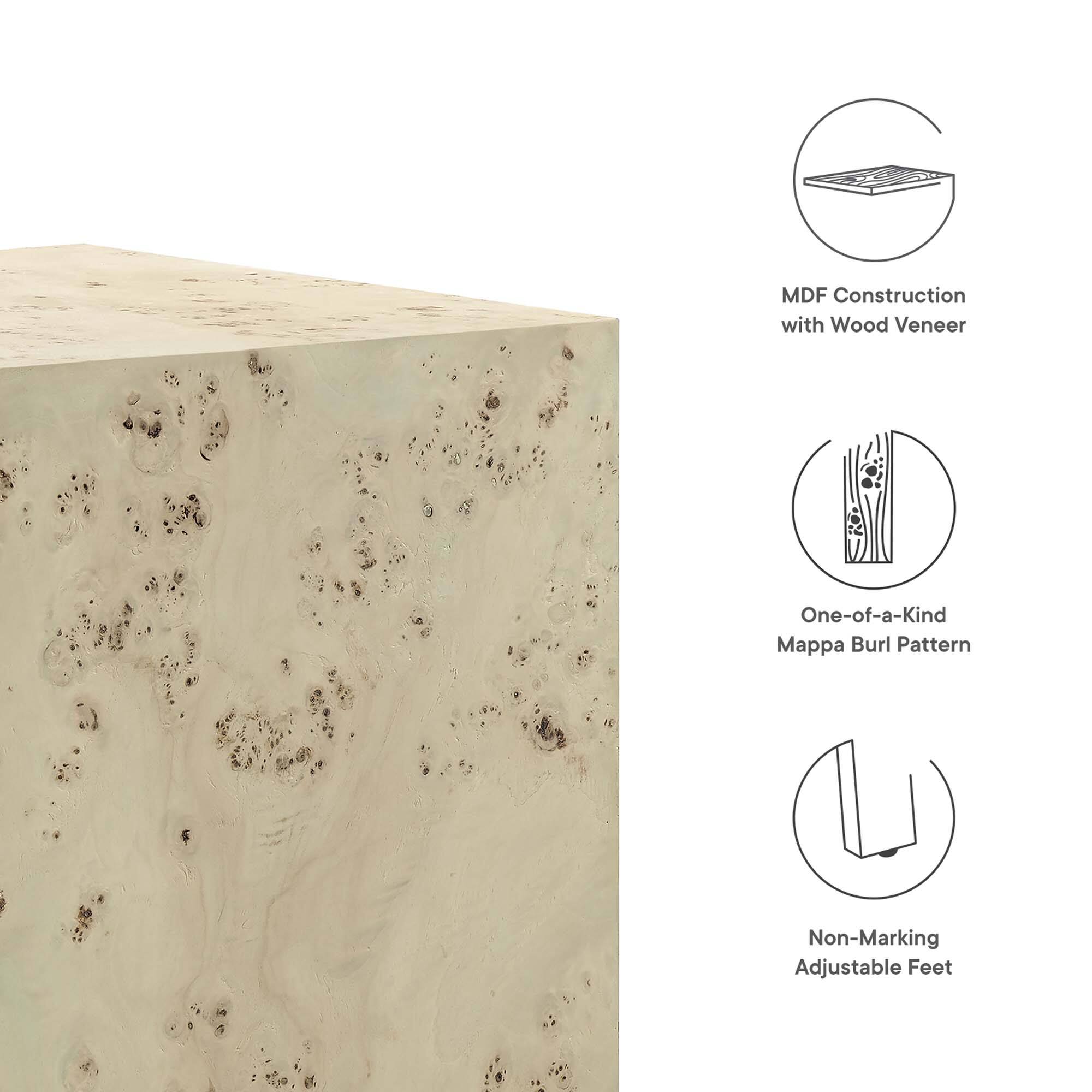 MDF Construction with Wood Veneer  
One-of-a-Kind Mappa Burl Pattern  
Non-Marking Adjustable Feet