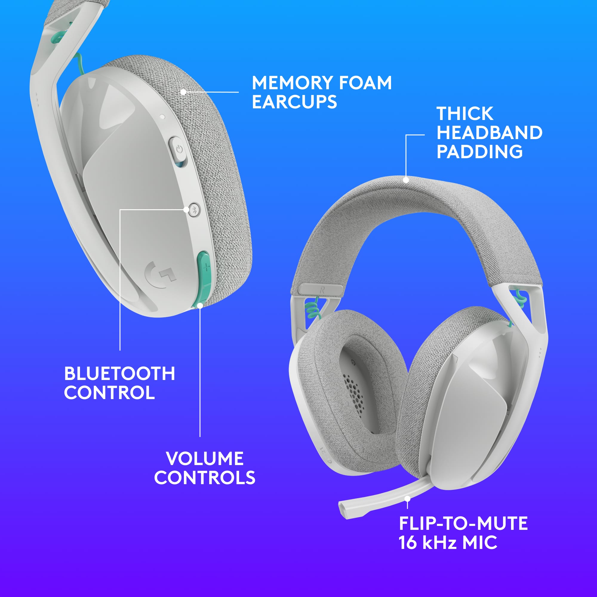 MEMORY FOAM EARCUPS, THICK HEADBAND PADDING, BLUETOOTH CONTROL, VOLUME CONTROLS, FLIP-TO-MUTE 16 kHz MIC