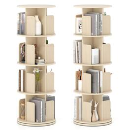 Costway - 2 PCS 4-Tier Rotating Bookshelf 360° Display Rack Dividers & Anti-falling Baffles - Natural