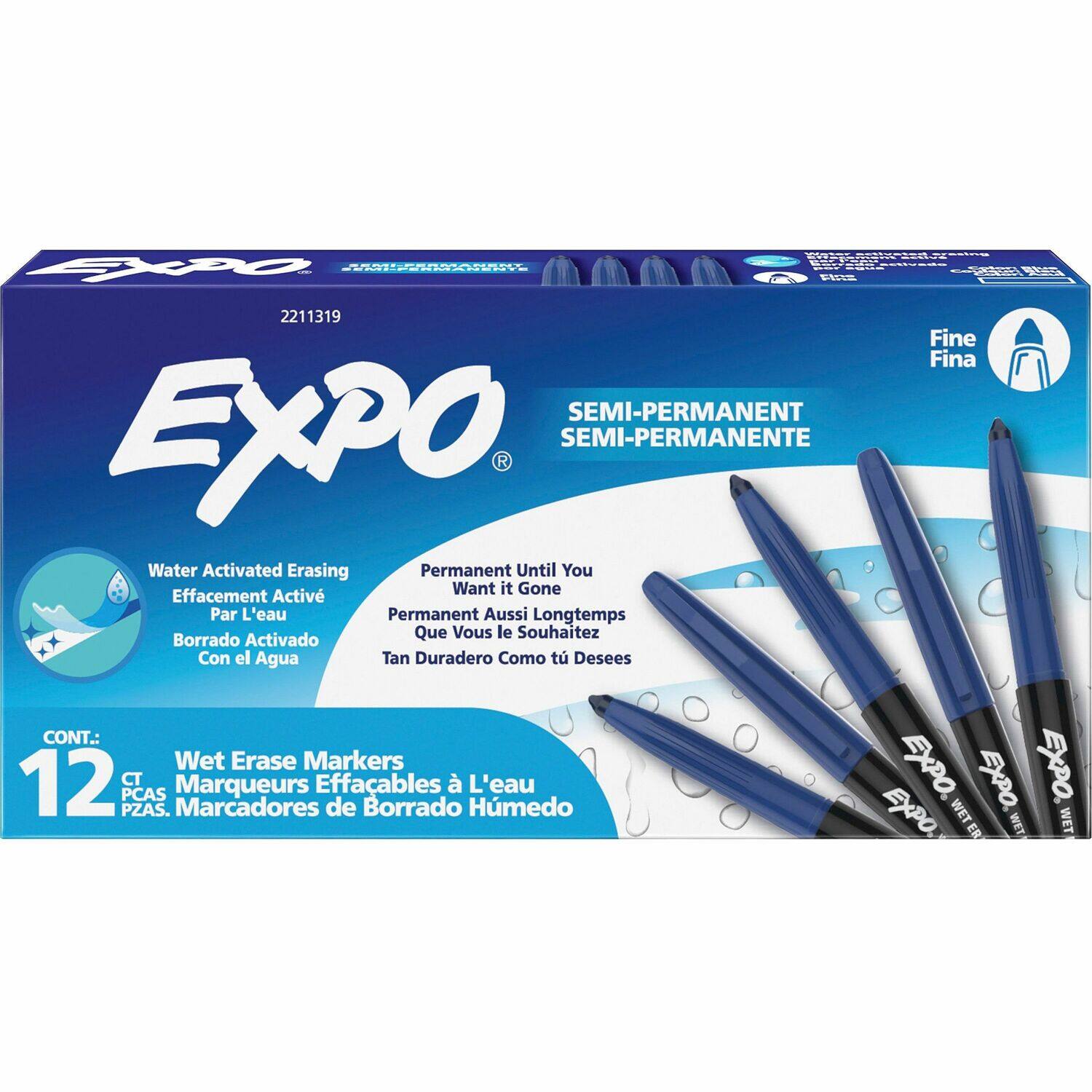 Sp 2211319 SEMI-PERMANENT EXPO SEMI-PERMANENTE R Water Activated Erasing Permanent Until You Want it Gone Effacement Activ Par L'eau Permanent Aussi Longtemps Que Vous le Souhaitez Borrado Activado Con el Agua Tan Duradero Como t Desees - m0S add Fine Fina CONT.: Wet Erase Markers 12 CT Effacables L'eau PCAS Marqueurs PZAS. Marcadores de Borrado Hmedo EXPO.