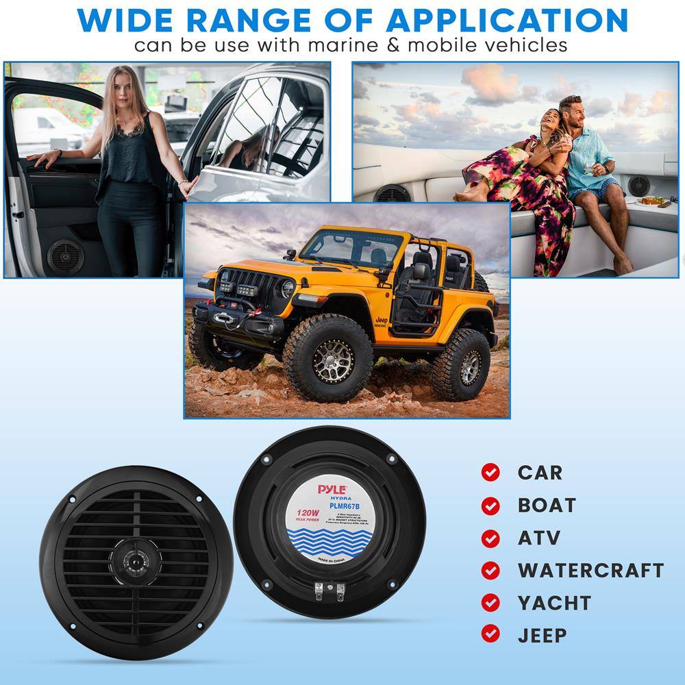 WIDE RANGE OF APPLICATION  
can be use with marine & mobile vehicles  

CAR  
BOAT  
ATV  
WATERCRAFT  
YACHT  
JEEP  

PYLE  
HYBRID  
PLMR67B  
120W  
PEAK POWER