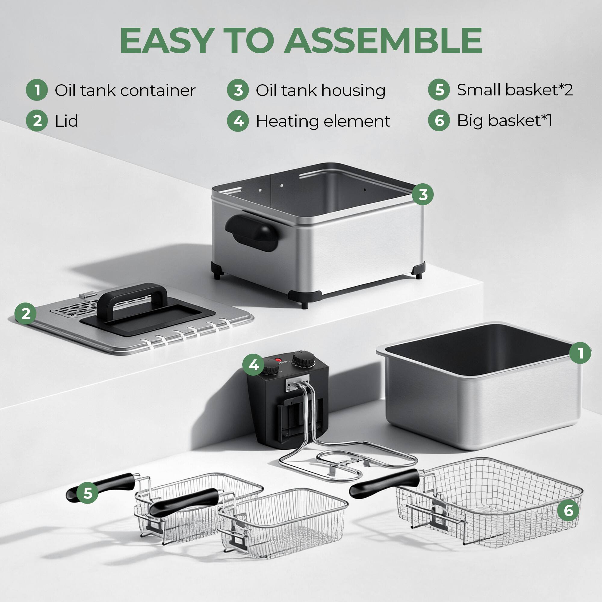 EASY TO ASSEMBLE

1. Oil tank container
2. Lid
3. Oil tank housing
4. Heating element
5. Small basket*2
6. Big basket*1