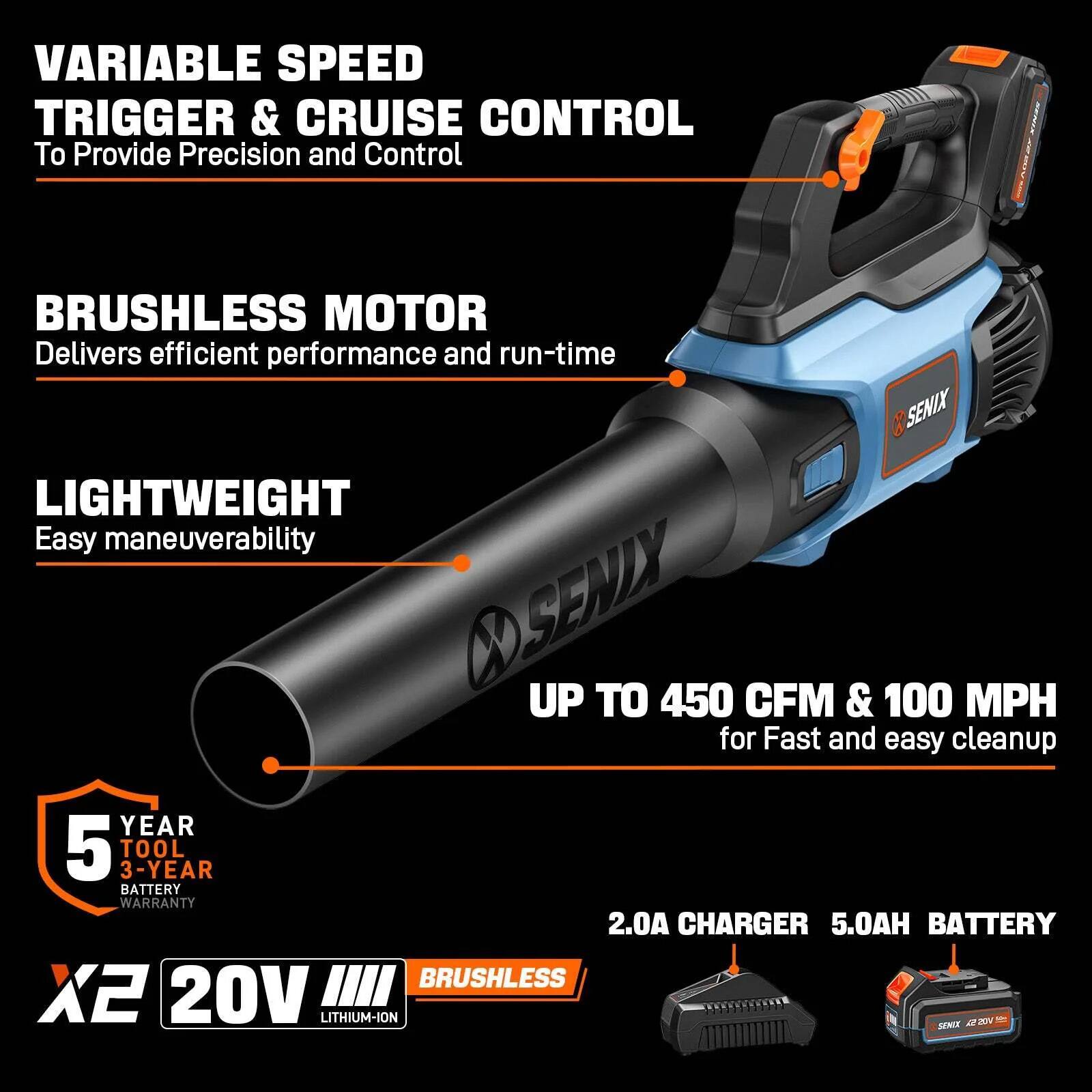 VARIABLE SPEED TRIGGER & CRUISE CONTROL  
To Provide Precision and Control  

BRUSHLESS MOTOR  
Delivers efficient performance and run-time  

LIGHTWEIGHT  
Easy maneuverability  

UP TO 450 CFM & 100 MPH  
for Fast and easy cleanup  

5 YEAR TOOL BATTERY WARRANTY  

2.0A CHARGER  
5.0AH BATTERY  

X2 20V LITHIUM-ION  
BRUSHLESS