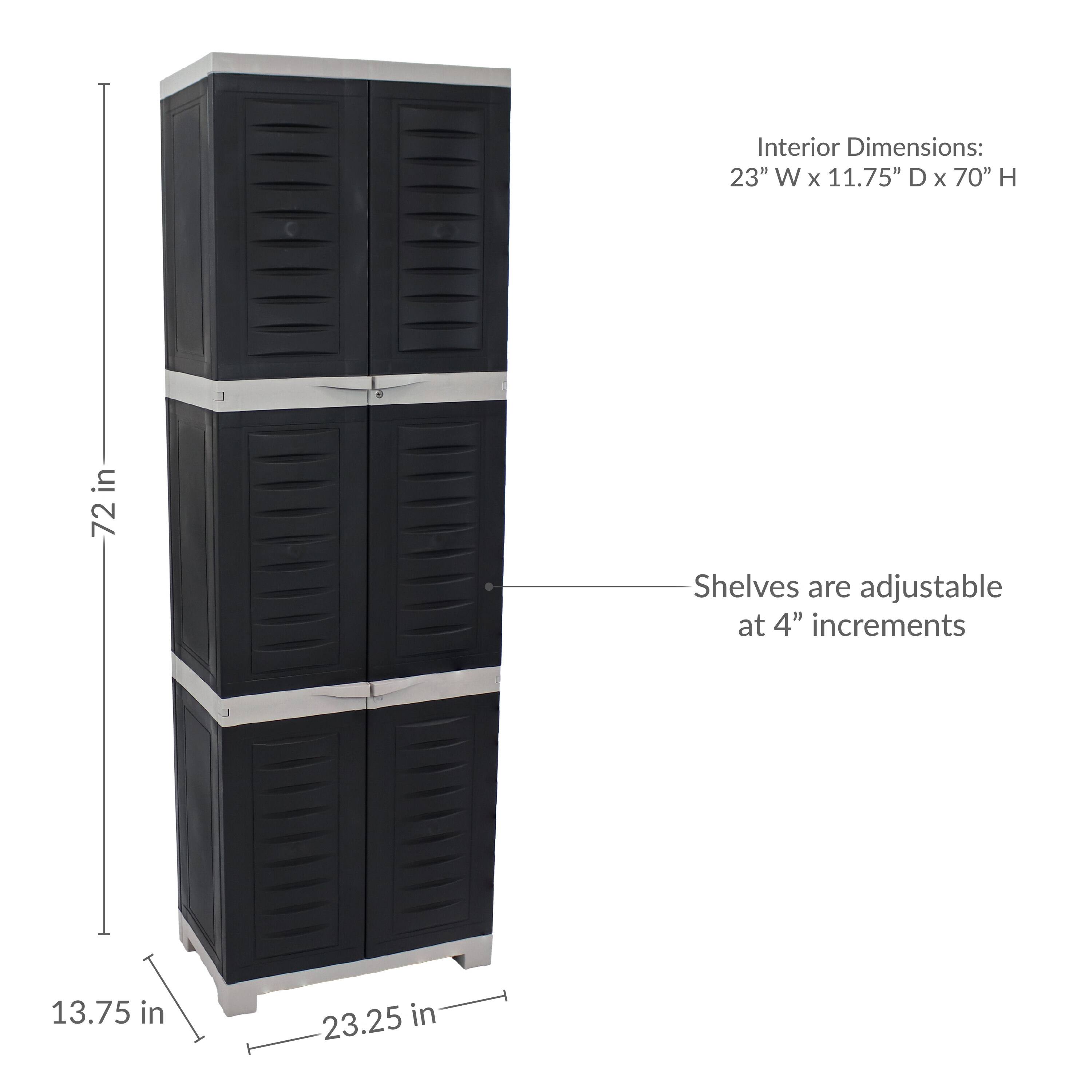 Interior Dimensions: 23" W x 11.75" D x 70" H  
Shelves are adjustable at 4" increments  
72 in  
13.75 in  
23.25 in