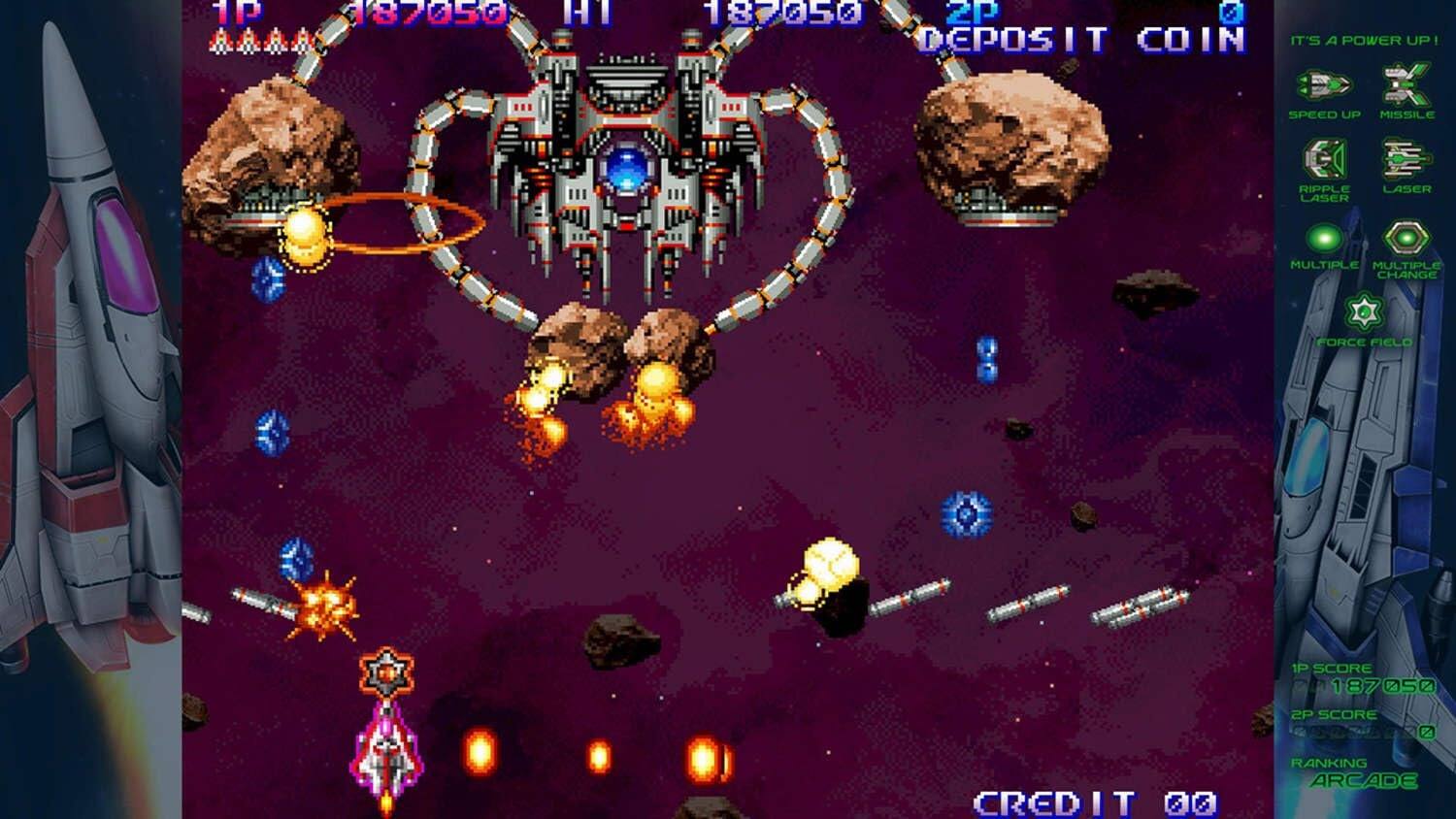 1P 137050 H1 130050 ZP 5 DEPOSIT COIN IT'S A POWER UP! SPEED UP MISSILE RIPPLE LASER LASER MULTIPLE MULTIPLE CHANGE FORCE FIELD 1P SCORE 187050 2P SCORE 50900 VZ CREDIT RANKING ARCADE