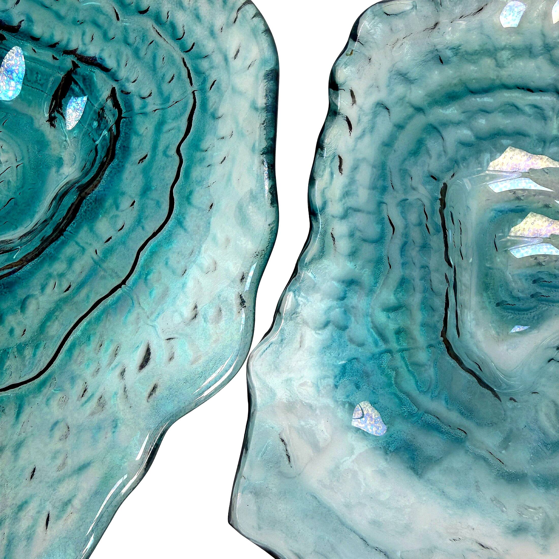 Alt View 9. Things2Die4 - Set of 2 Oyster Shaped Decorative Plates Blue Iridescent Glass 13 In - Blue.