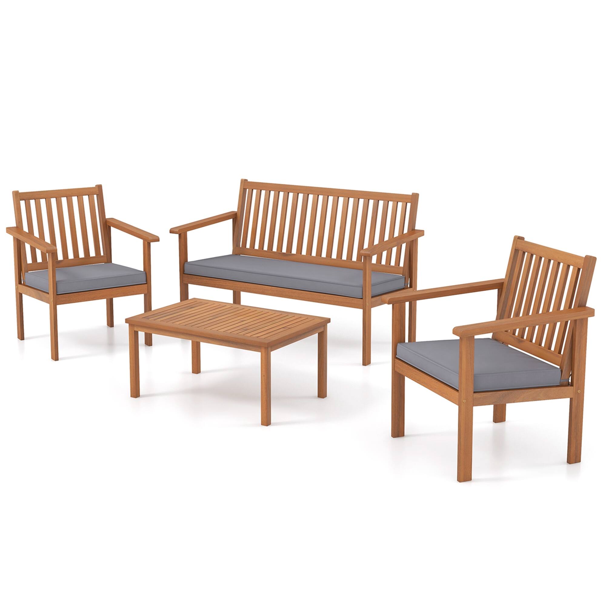 Alt View 9. Costway - 4 PCS Patio Wood Furniture Set with Loveseat, 2 Chairs & Coffee Table for Porch - Natural + Grey.