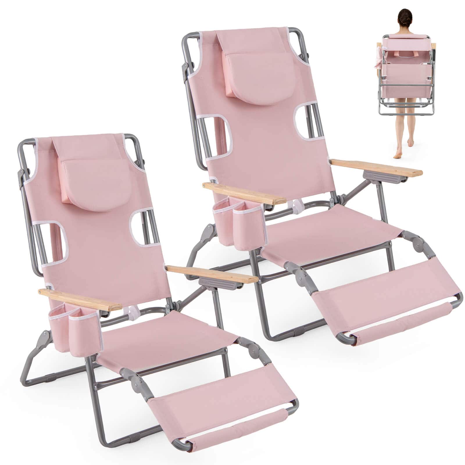 Costway - 2 PCS 3-IN-1 Foldable Beach Chair with Face Hole, Footrest, Adjustable Backrest - Pink price history on PriceWatchPro