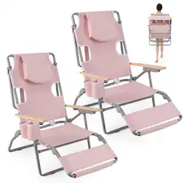 Costway - 2 PCS 3-IN-1 Foldable Beach Chair with Face Hole, Footrest, Adjustable Backrest - Pink