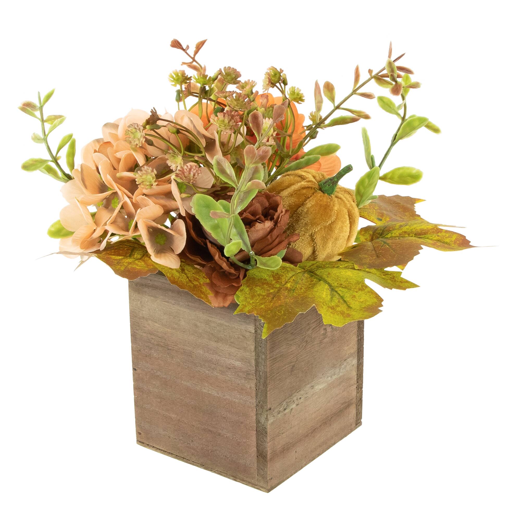 Alt View 3. Northlight - Floral and Pumpkin Wooden Box Fall Harvest Decoration - 10" x 8" - Orange and Brown - Orange.