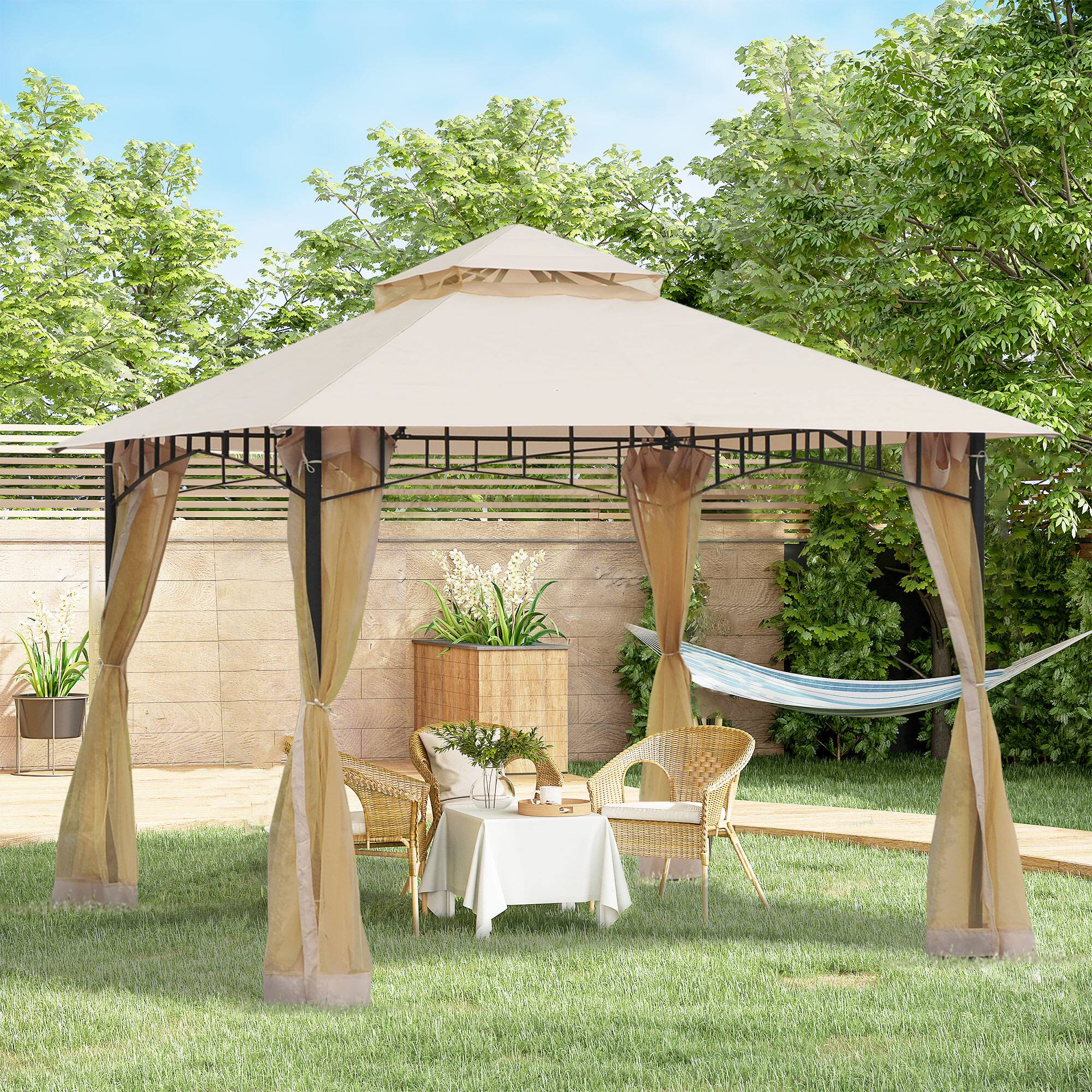 Alt View 1. Outsunny - 10' x 10' Outdoor Patio Gazebo Canopy Tent with Mesh Sidewalls, 2-Tier Canopy for Backyard - Beige.