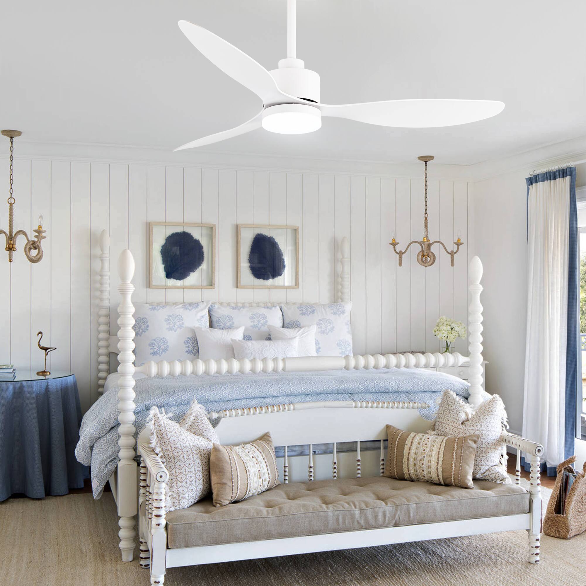 Alt View 1. Breezary - 52" Indoor Ceiling Fan, 3 ABS Blades, 6-Speed DC Motor, Remote Control, Memory/Timer, 3-Color LED Light, 5"/10" Downrods - Matte White.