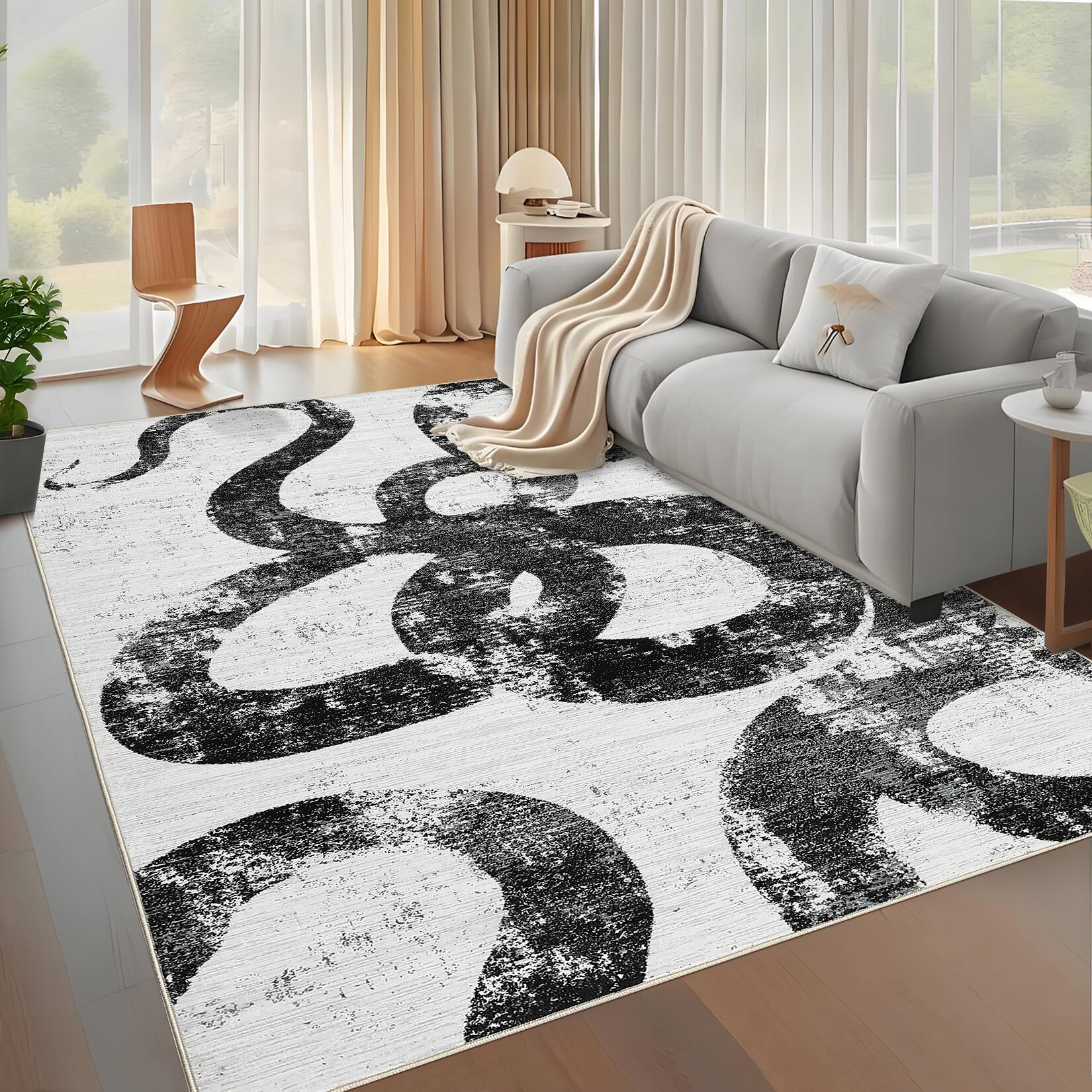 Left. GAOMON - Modern Abstract Area Rug Non Slip Foldable Low Pile Machine Washable Pet Friendly Carpet for Bathroom Hallway Entrance - Black White.