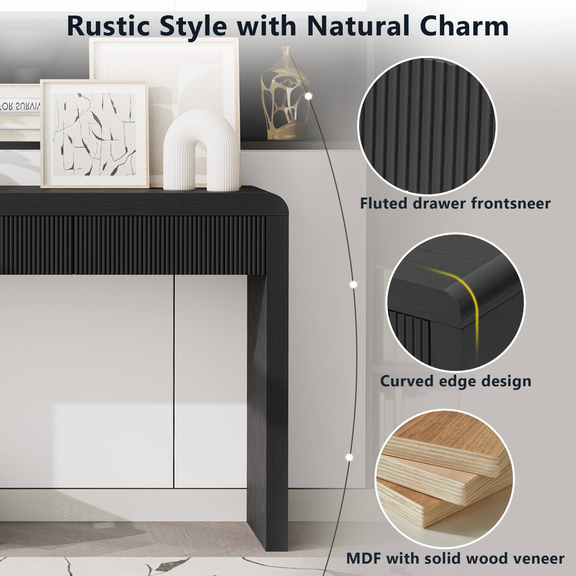 Rustic Style with Natural Charm

- Fluted drawer frontsneer
- Curved edge design
- MDF with solid wood veneer
