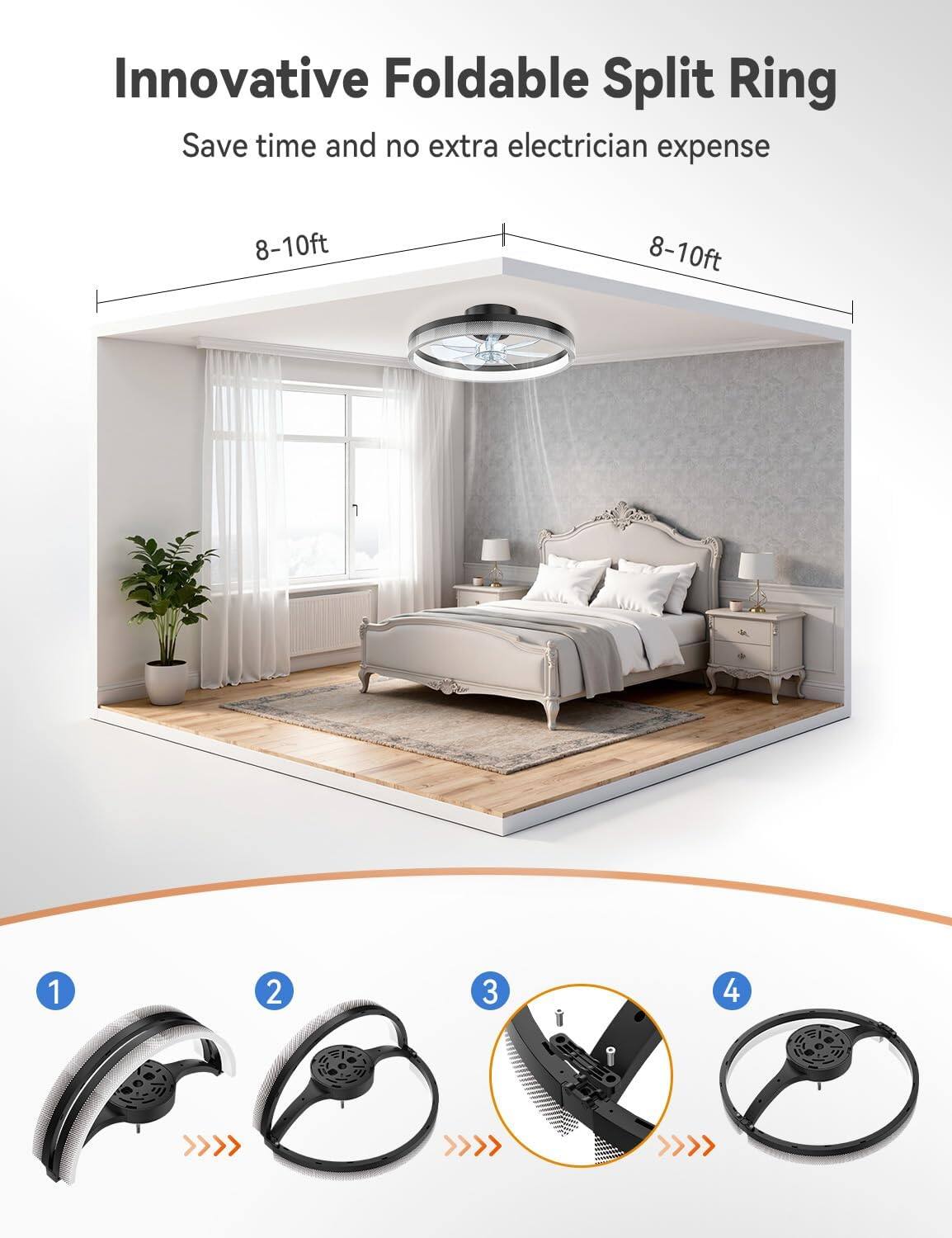 Innovative Foldable Split Ring  
Save time and no extra electrician expense  

8-10ft  
8-10ft  

1  
2  
3  
4