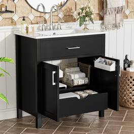 JUJABU - 30-Inch Bathroom Vanity with Ceramic Sink and Ample Storage - The Perfect Choice for Small Bathrooms - Black