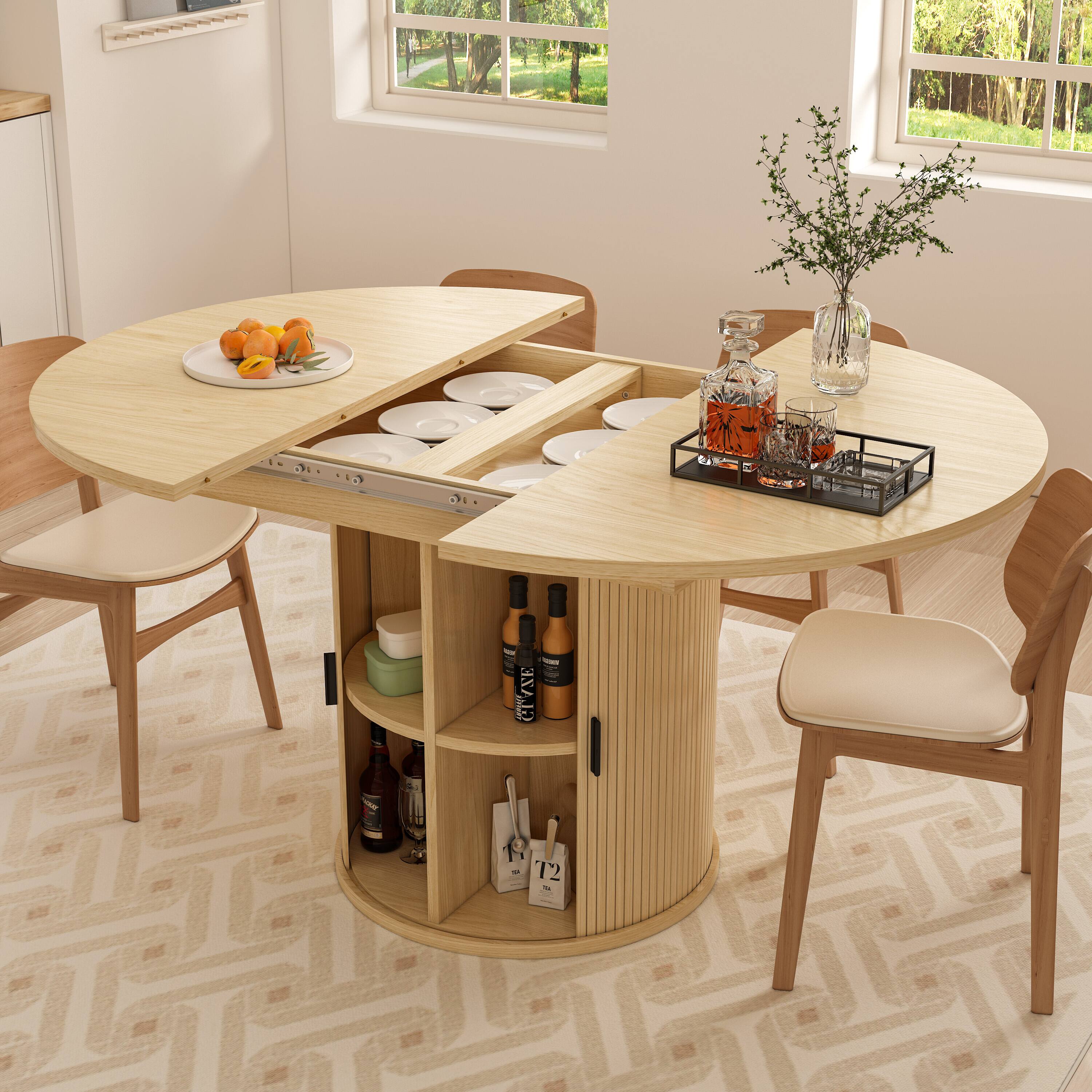 Angle. Dyonery - Extendable Round Dining Table, 43-59 Inch Dining Room Kitchen Table with 2-Tier Storage Shelf With base，wood tabletop - Oak.