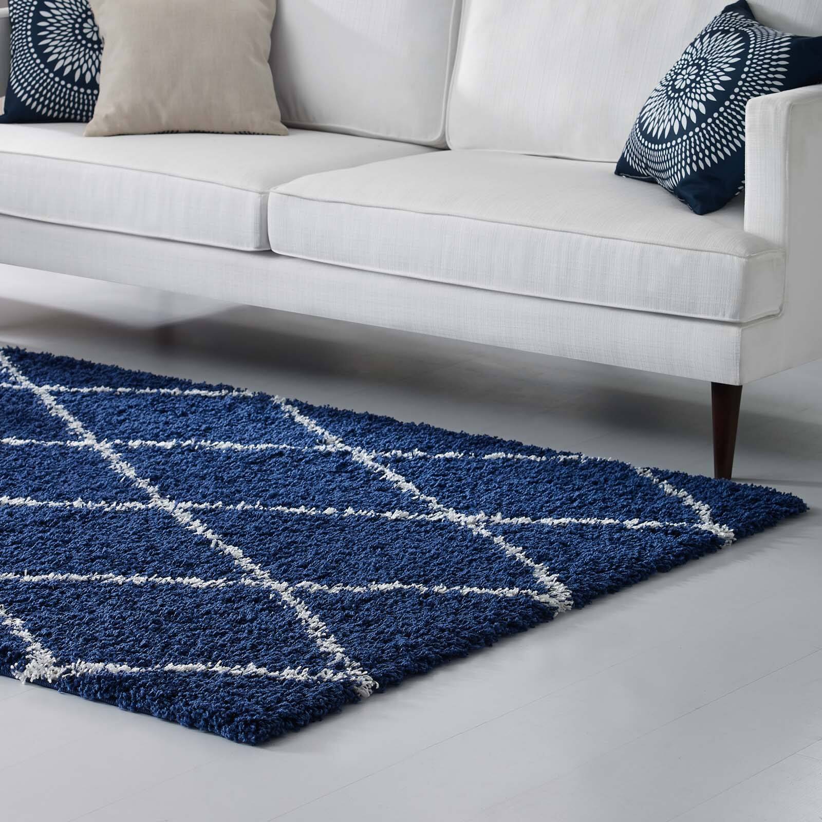 Back. Modway - Toryn Diamond Lattice Shag Area Rug - Navy and Ivory.