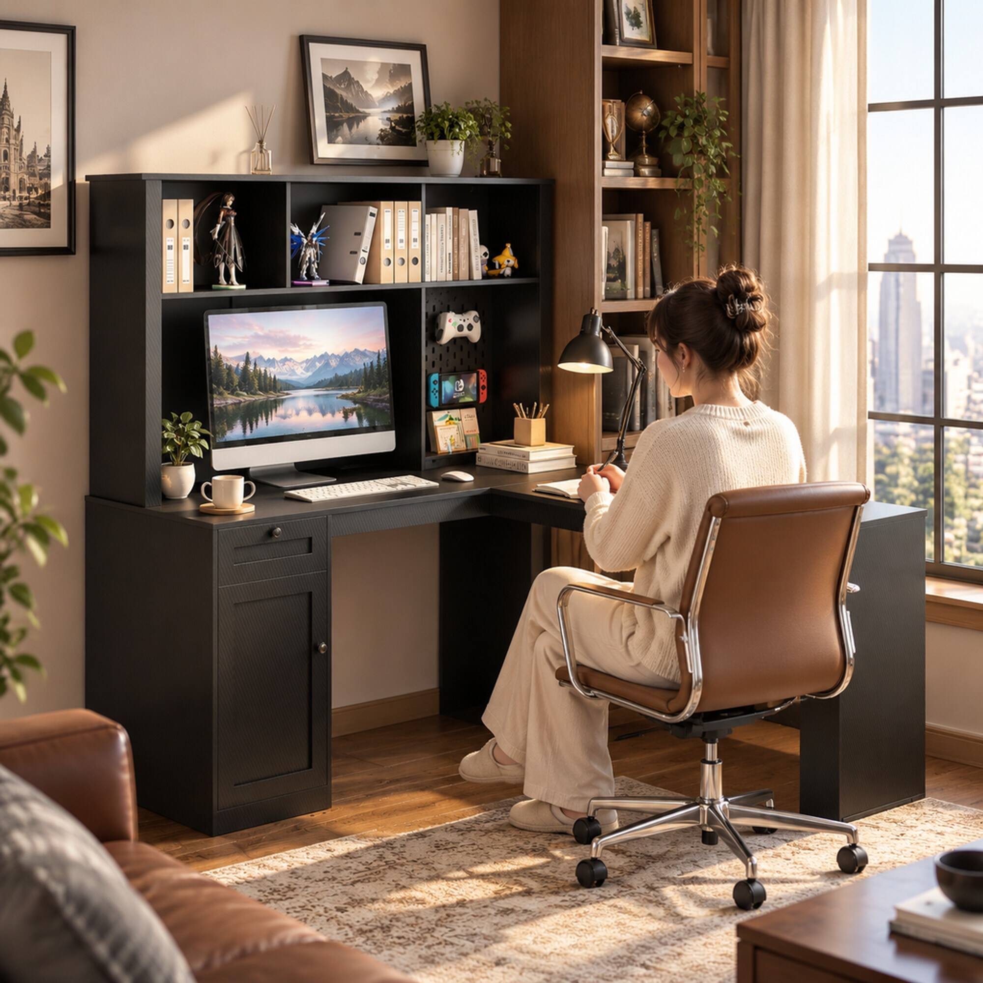 RYHNUYNE L Shaped Corner Desk, 2 USB Ports and 3 Outlets, Carbon Fiber ...