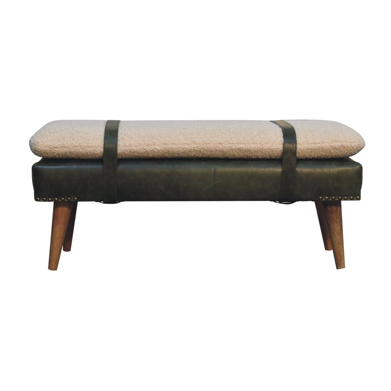 Alt View 5. Artisan Furniture - Artisan Furniture Solid Wood BouclÃ© Buffalo Hide Olive Green Leather Bench, Upholstered, Green & Cream - Green & Cream.