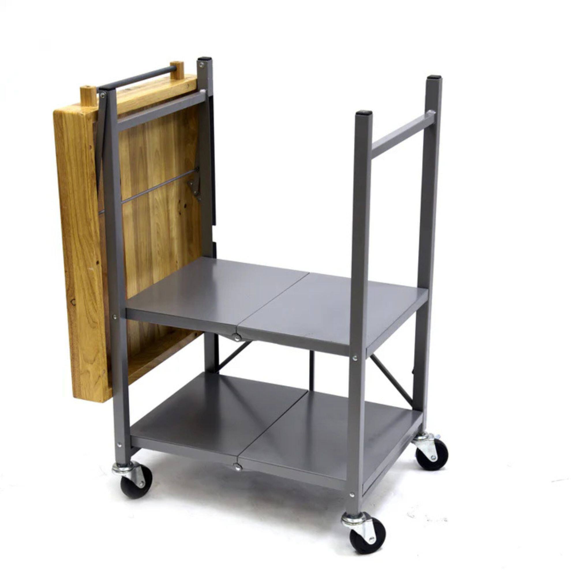 Alt View 8. Origami - Origami Foldable Kitchen Island Cart, Wheeled Rolling Storage Cart with Shelves - Silver.