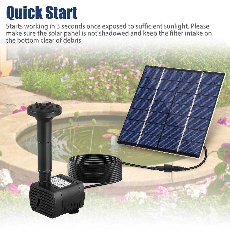 Quick Start

Starts working in 3 seconds once exposed to sufficient sunlight. Please make sure the solar panel is not shadowed and keep the filter intake on the bottom clear of debris.