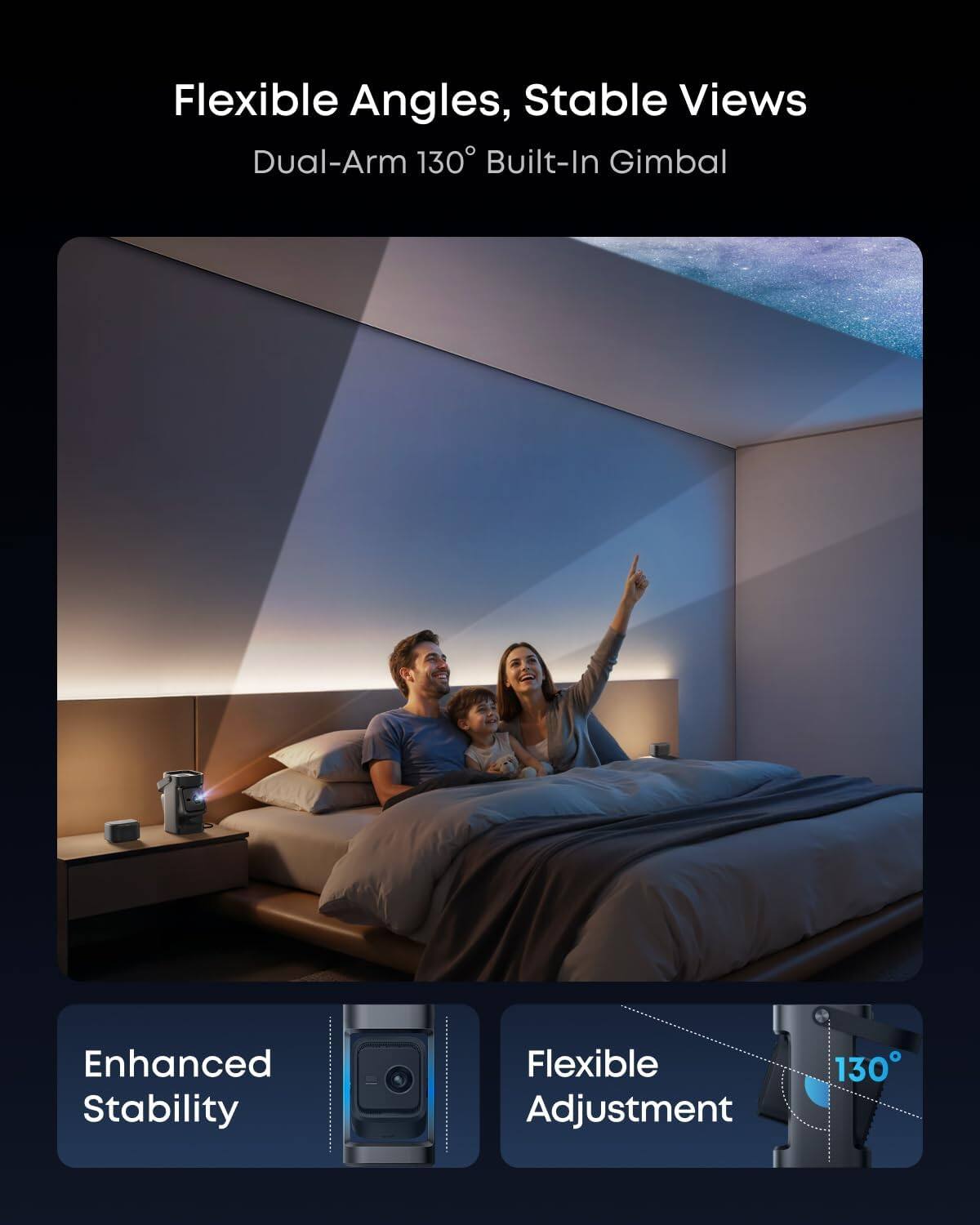 Flexible Angles, Stable Views  
Dual-Arm 130° Built-In Gimbal  

Enhanced Stability  
Flexible Adjustment 130°