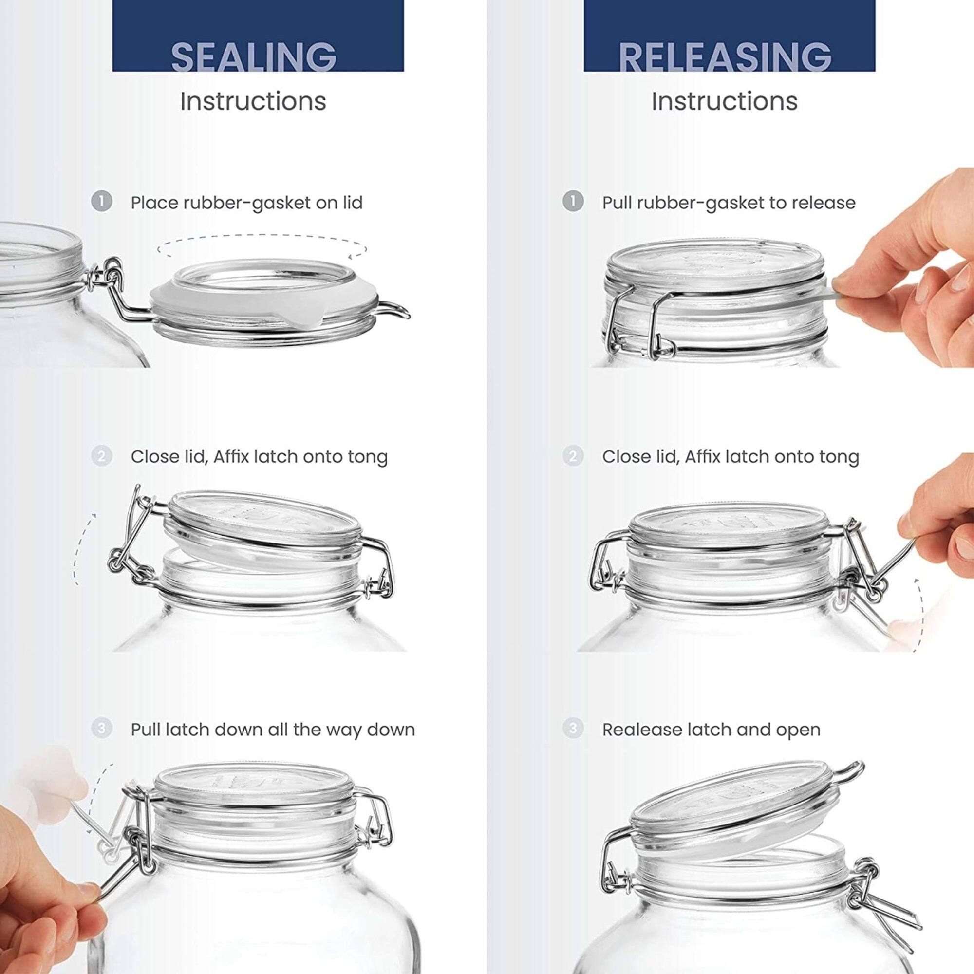 SEALING Instructions
1. Place rubber-gasket on lid
2. Close lid, Affix latch onto tong
3. Pull latch down all the way down

RELEASING Instructions
1. Pull rubber-gasket to release
2. Close lid, Affix latch onto tong
3. Release latch and open