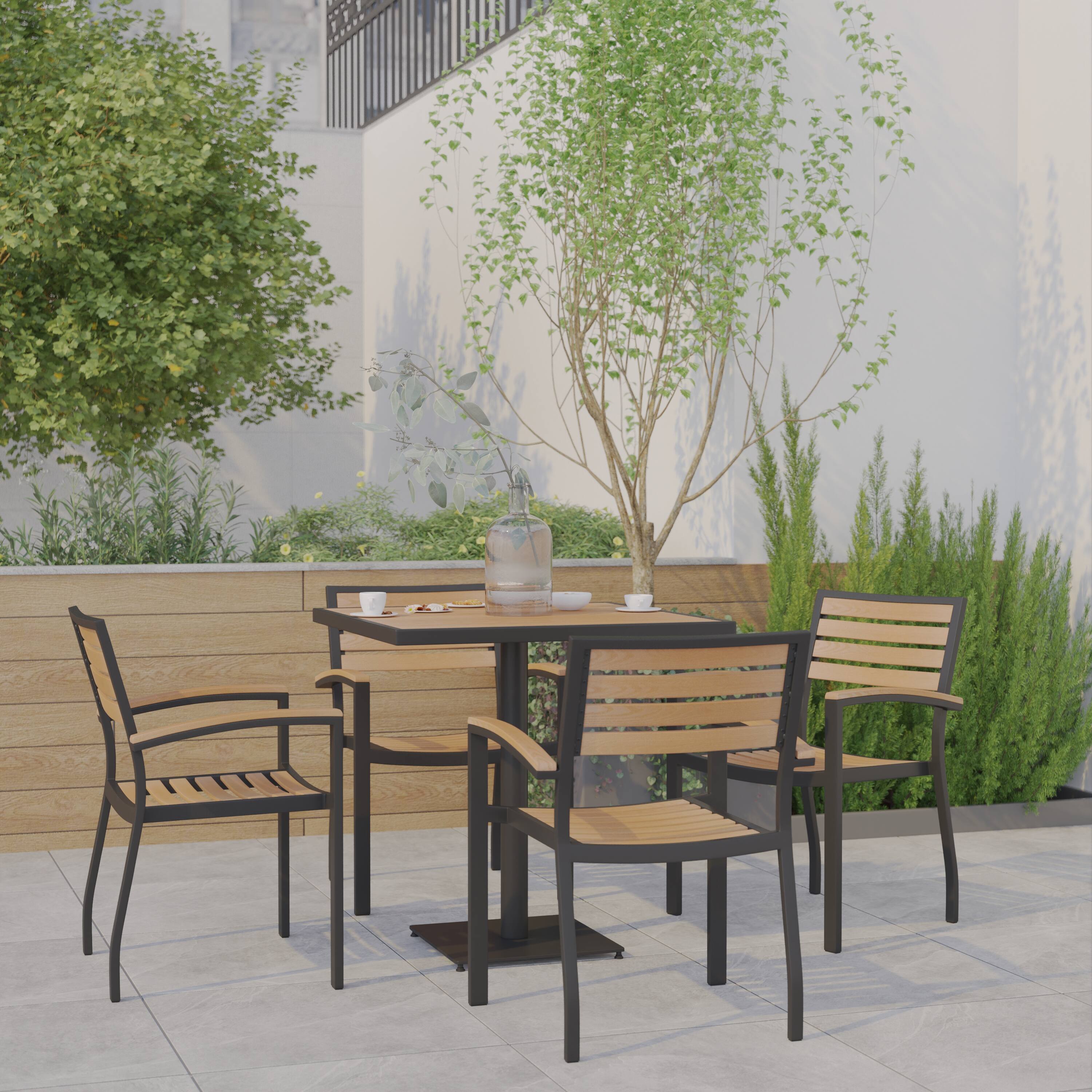 Alt View 1. Emma + Oliver - 5 Piece Outdoor Patio Dining Table Set with Faux Teak Table and Stackable Chairs with Accented Arms - Teak.