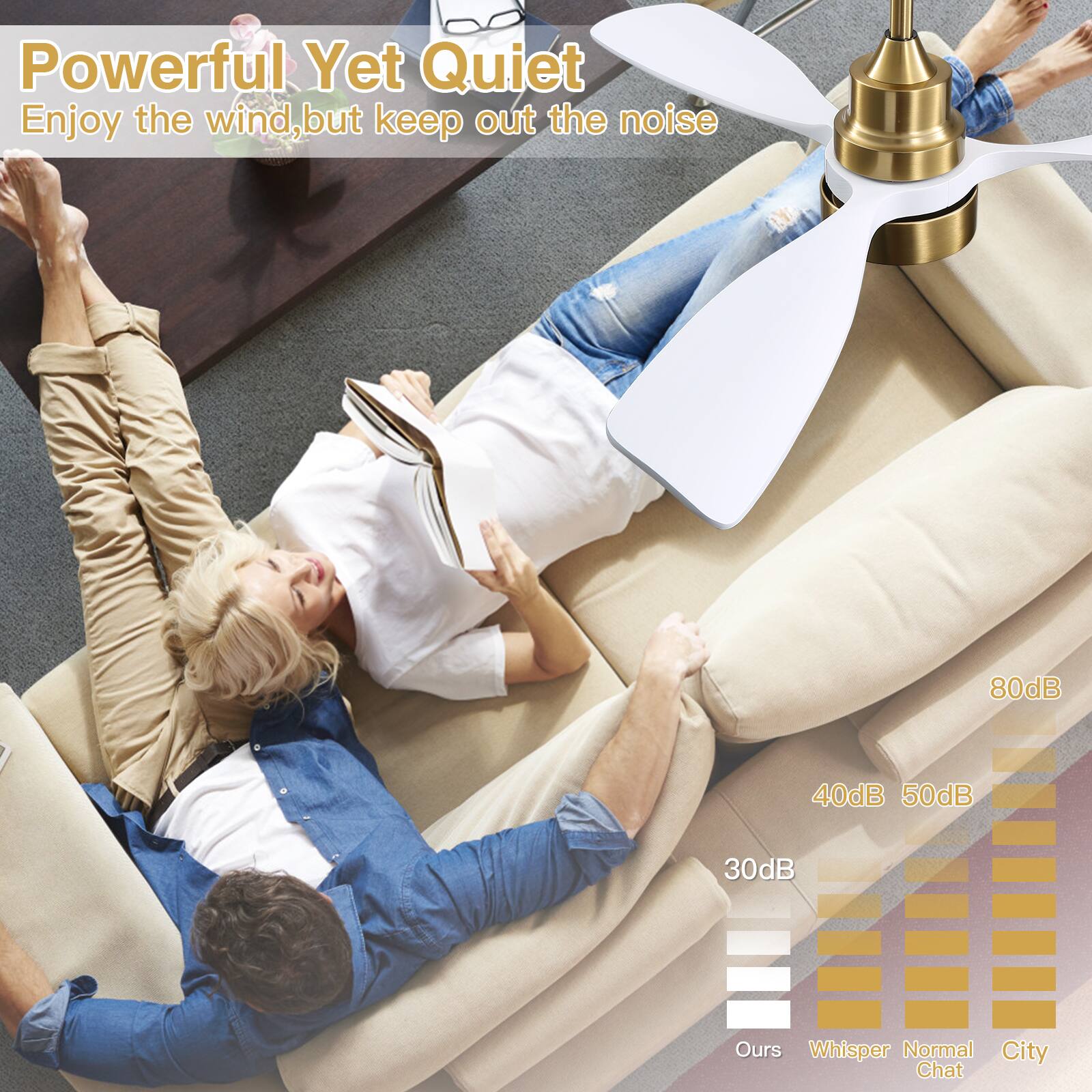 Powerful Yet Quiet  
Enjoy the wind, but keep out the noise  

80dB  
40dB 50dB  
30dB  

Ours  
Whisper  
Normal Chat  
City