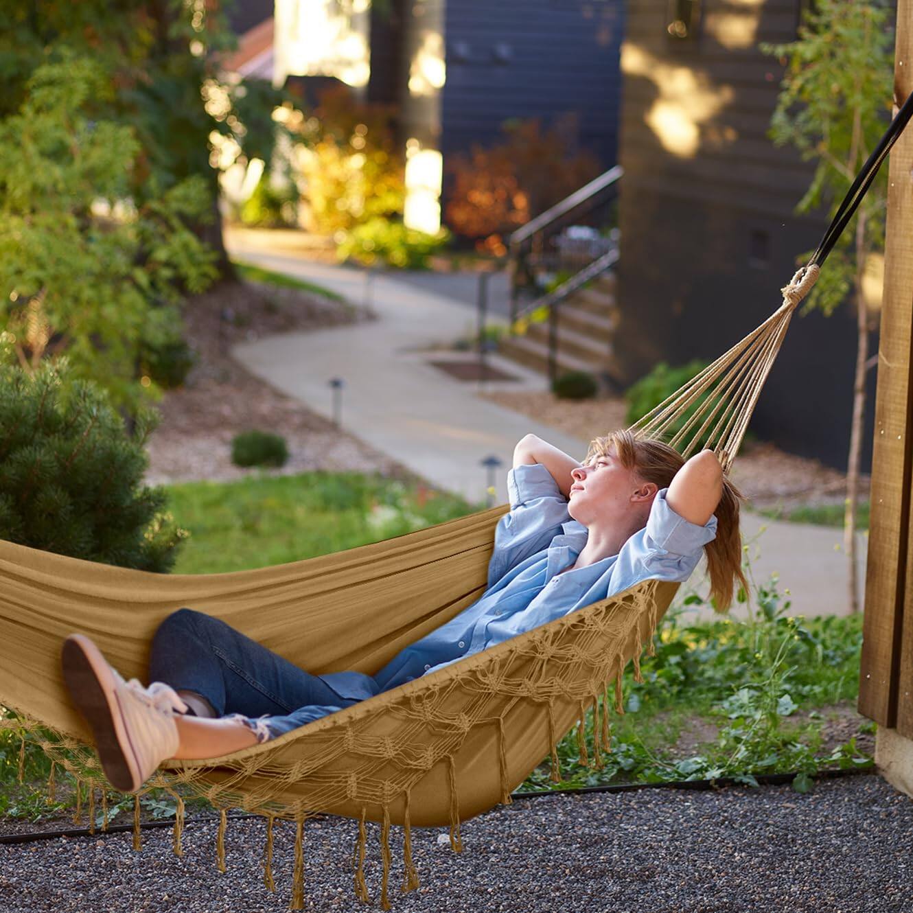 Alt View 4. JETRANSPORT - Backyard Hammock With Tassels Max 500lbs Canvas Fabric Bohemian Style Thickened Rope And Carry Bag For - White.