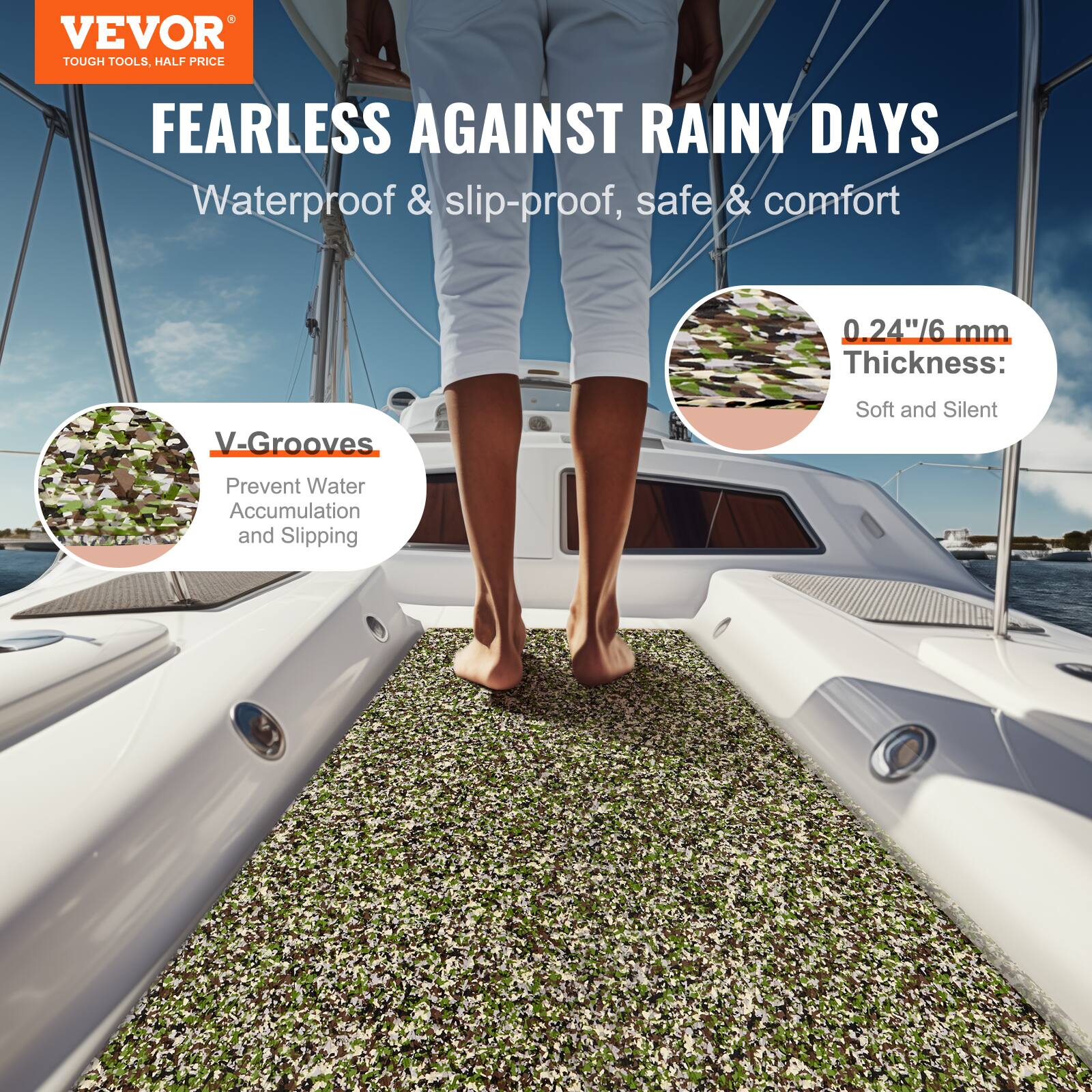 VEVOR  
TOUGH TOOLS, HALF PRICE  

FEARLESS AGAINST RAINY DAYS  
Waterproof & slip-proof, safe & comfort  

V-Grooves  
Prevent Water Accumulation and Slipping  

0.24"/6 mm Thickness:  
Soft and Silent