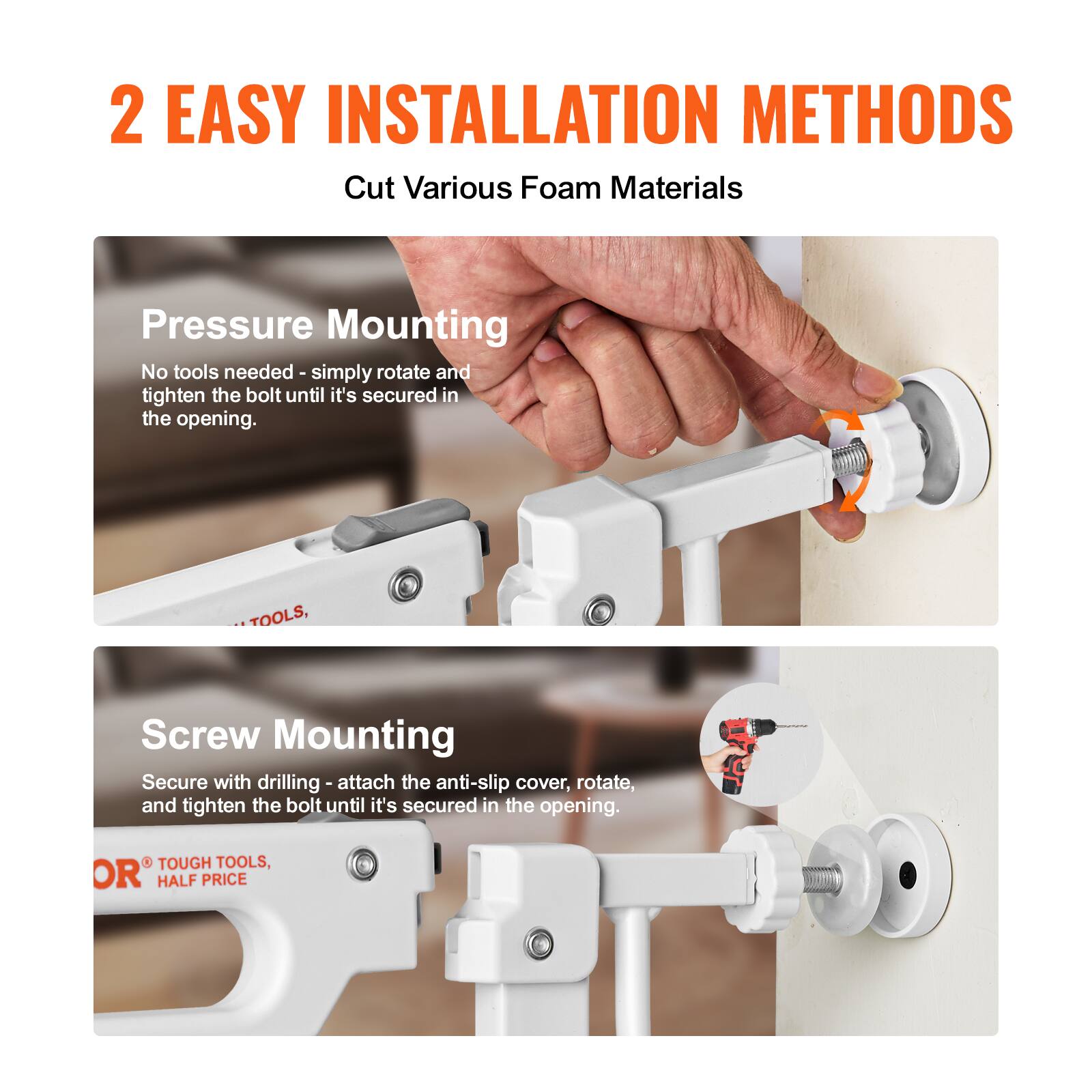 2 EASY INSTALLATION METHODS

Pressure Mounting
No tools needed - simply rotate and tighten the bolt until it's secured in the opening.

Screw Mounting
Secure with drilling - attach the anti-slip cover, rotate, and tighten the bolt until it's secured in the opening.

TOUGH TOOLS, OR HALF PRICE