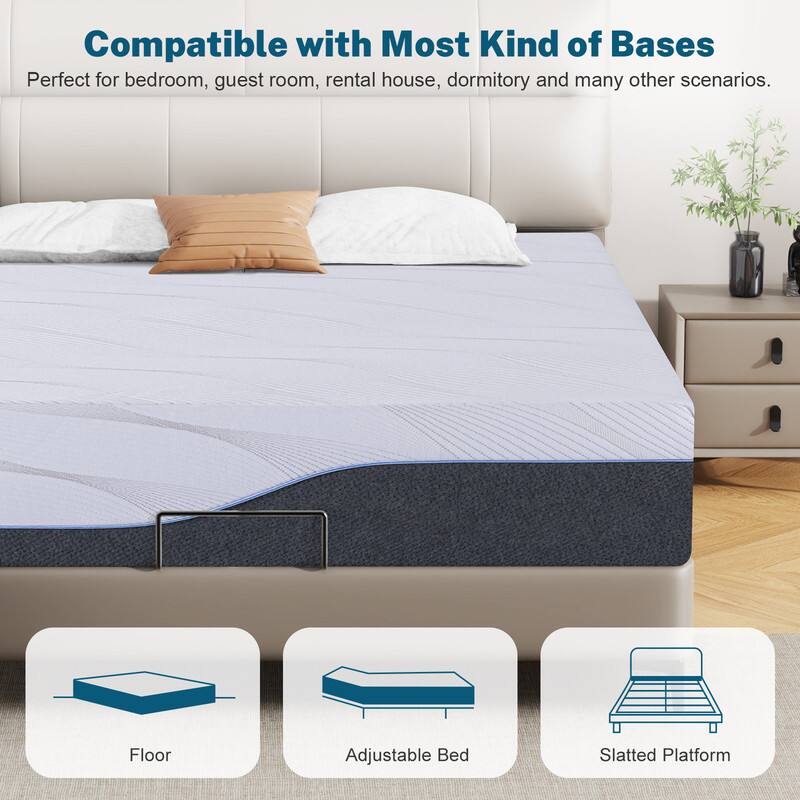 Compatible with Most Kind of Bases  
Perfect for bedroom, guest room, rental house, dormitory and many other scenarios.

- Floor
- Adjustable Bed
- Slatted Platform