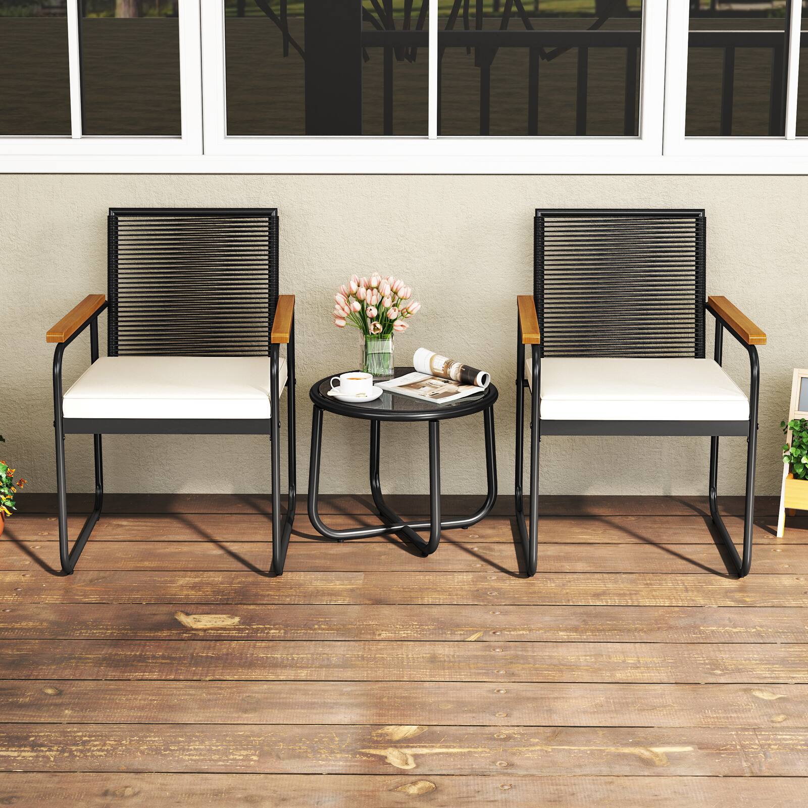 Alt View 8. Gymax - Gymax 3 Pieces Patio Furniture Set PE Wicker Chairs & Side Table w/Armrests Padded Cushions - White.